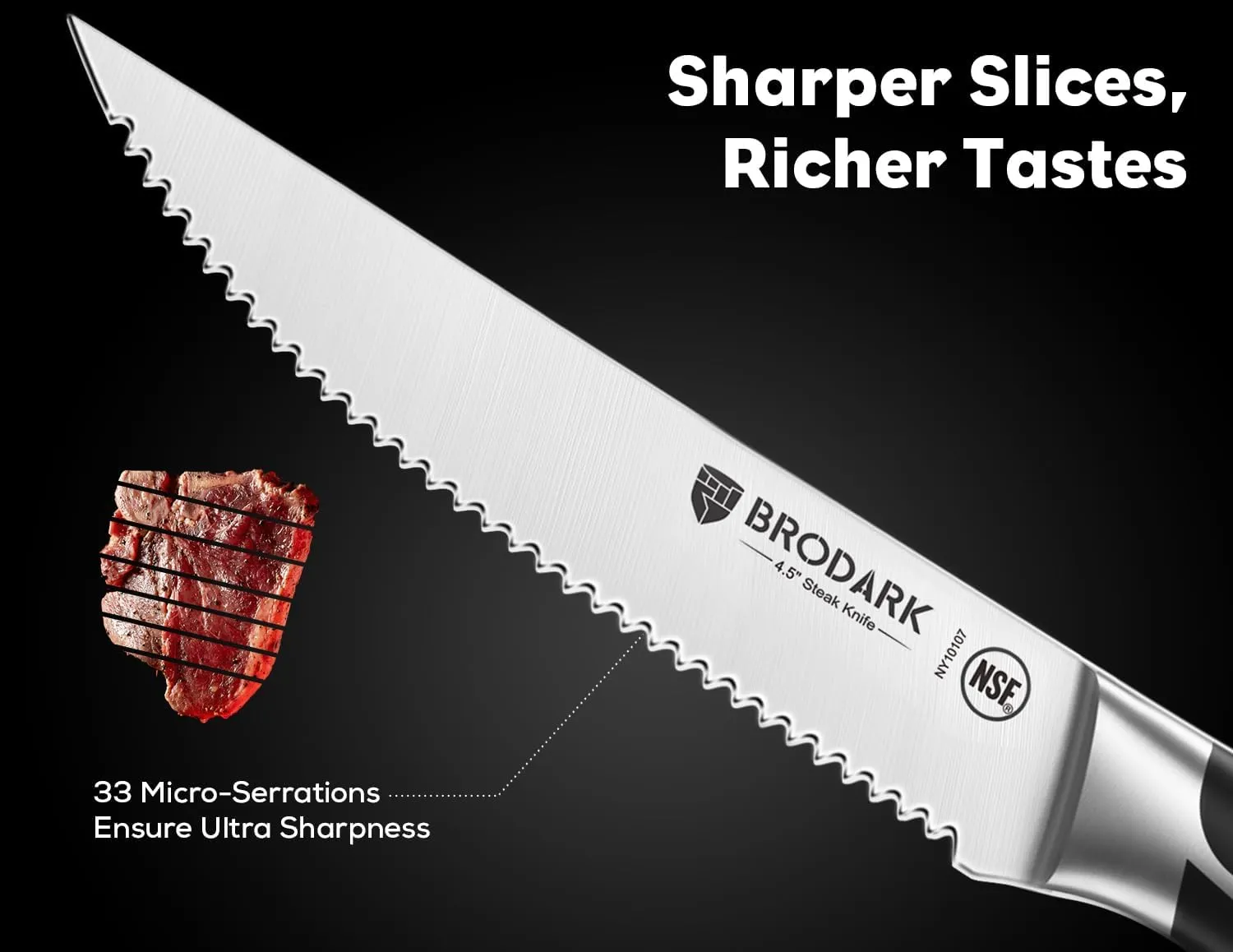 Steak Knives Set of 6: 4.5 Inch Serrated Steak Knives with Full Tang Handle - High Carbon Stainless Steel Steak Knife Set - NSF Certified, Steel-King Series