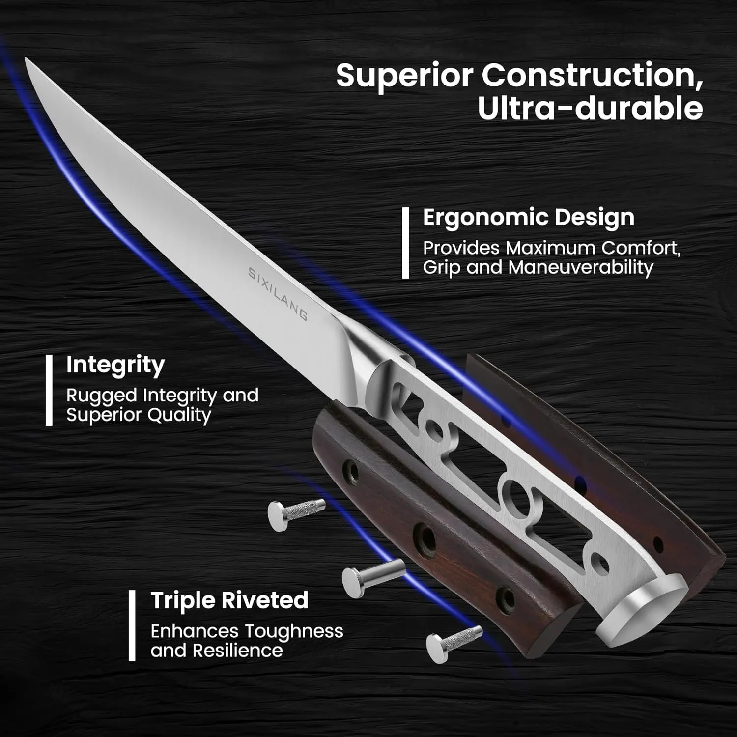 Steak Knives Set of 6 Piece - Sharp Stainless German Steel Steak Knifes, Non-Serrated, Full Tang Design with Wooden Handle, Premium Dinner Knife for Steak Lovers