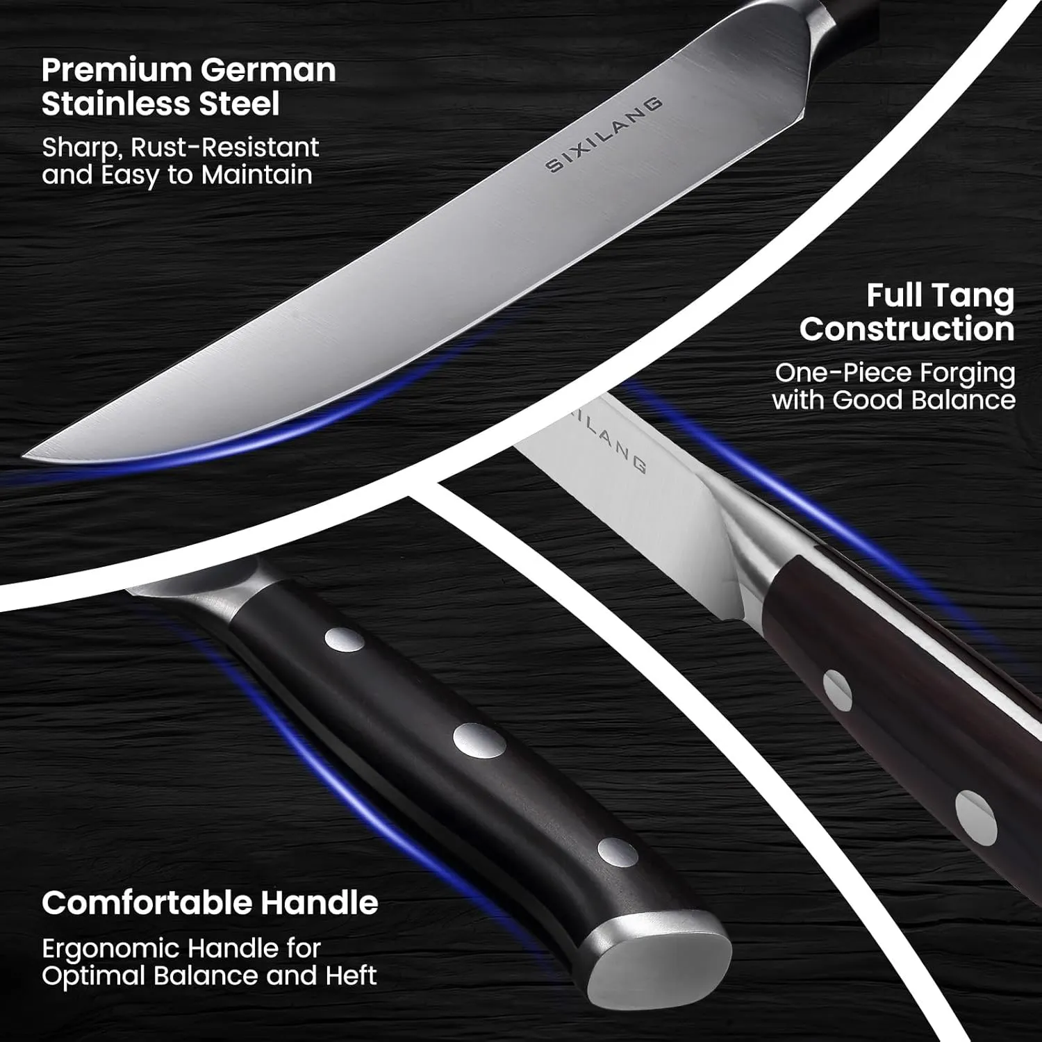 Steak Knives Set of 6 Piece - Sharp Stainless German Steel Steak Knifes, Non-Serrated, Full Tang Design with Wooden Handle, Premium Dinner Knife for Steak Lovers