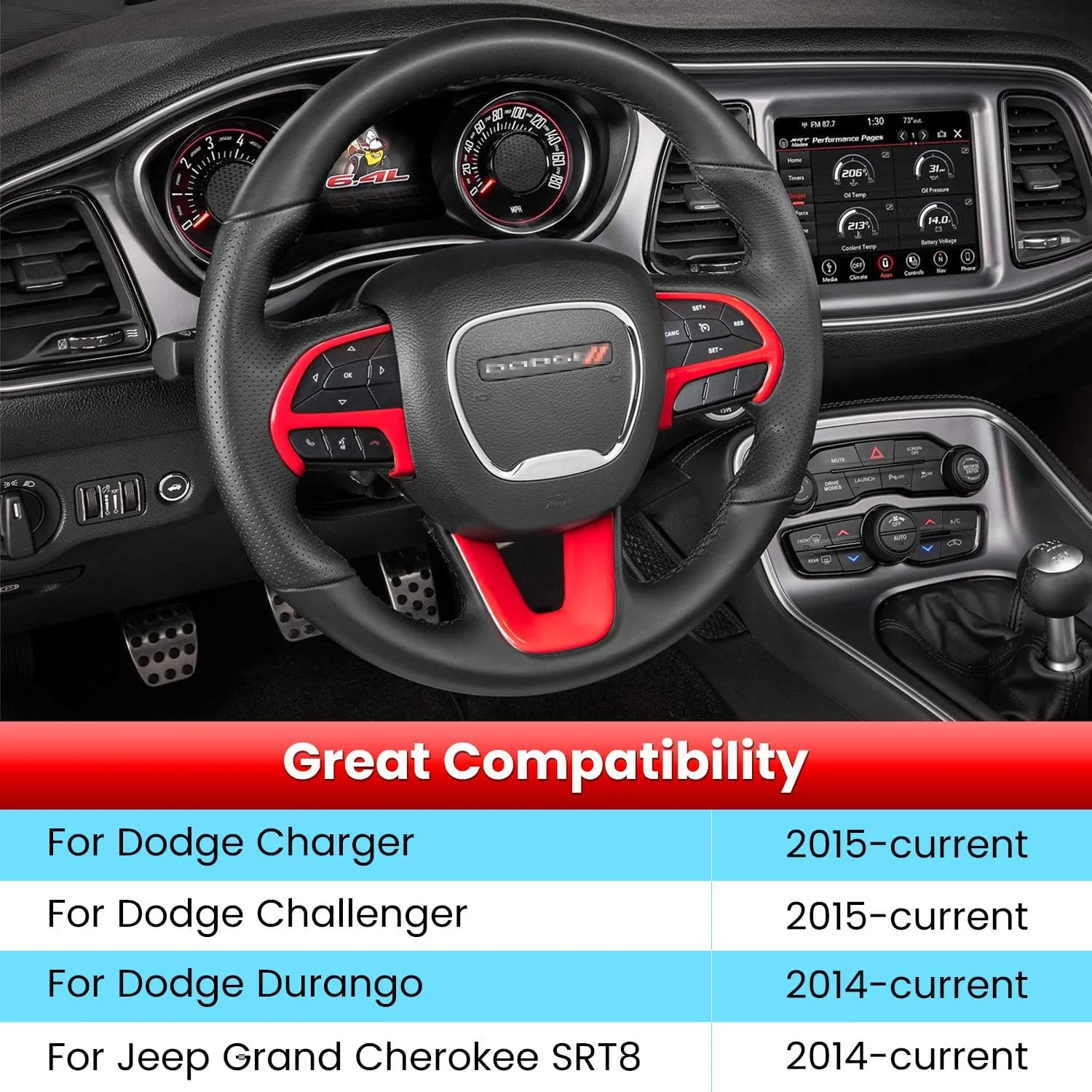 Steering Wheel Cover Trim Interior Accessories Decoration Kit for 2015-2024 Dodge Challenger Charger, for 2014-2024 Dodge Durango & Jeep Grand Cherokee SRT8 (Red 3PCS)