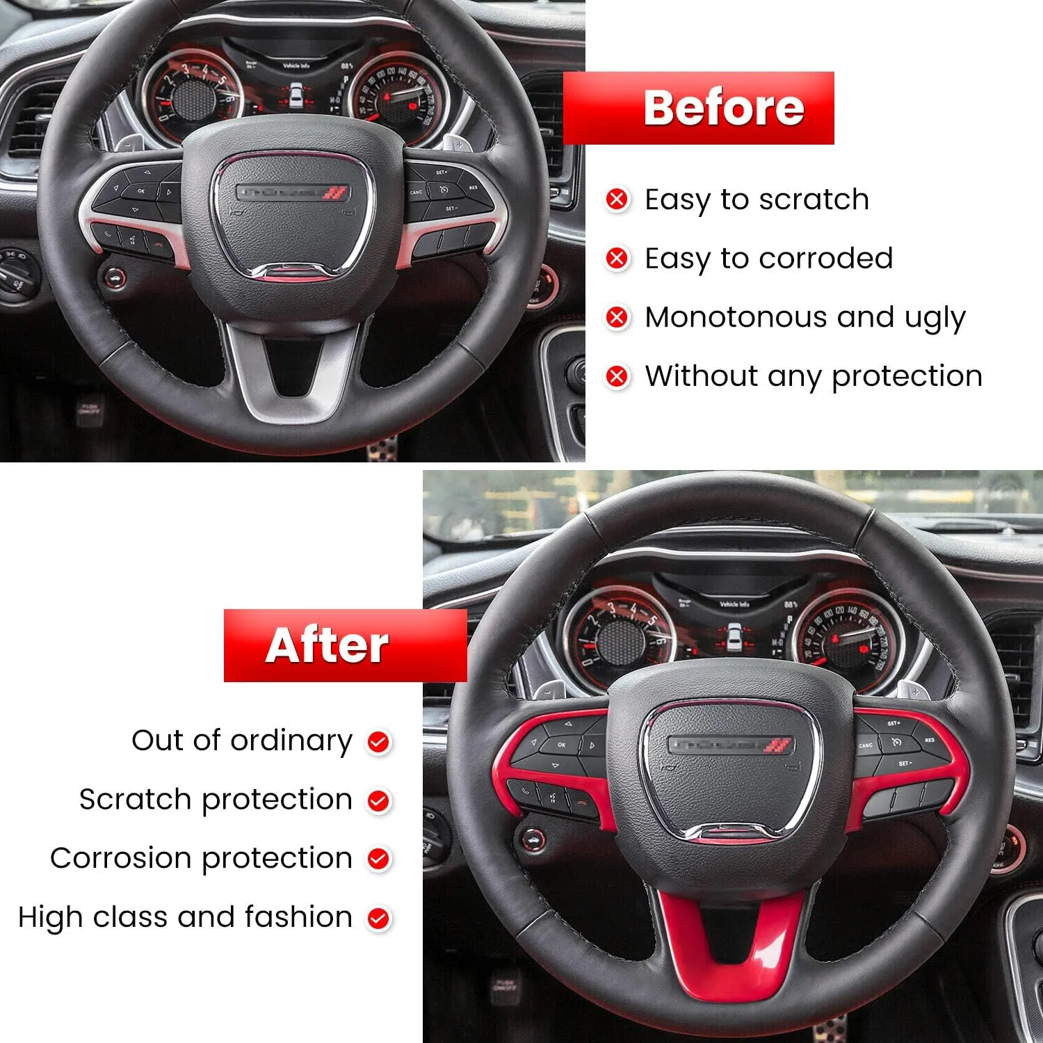 Steering Wheel Cover Trim Interior Accessories Decoration Kit for 2015-2024 Dodge Challenger Charger, for 2014-2024 Dodge Durango & Jeep Grand Cherokee SRT8 (Red 3PCS)