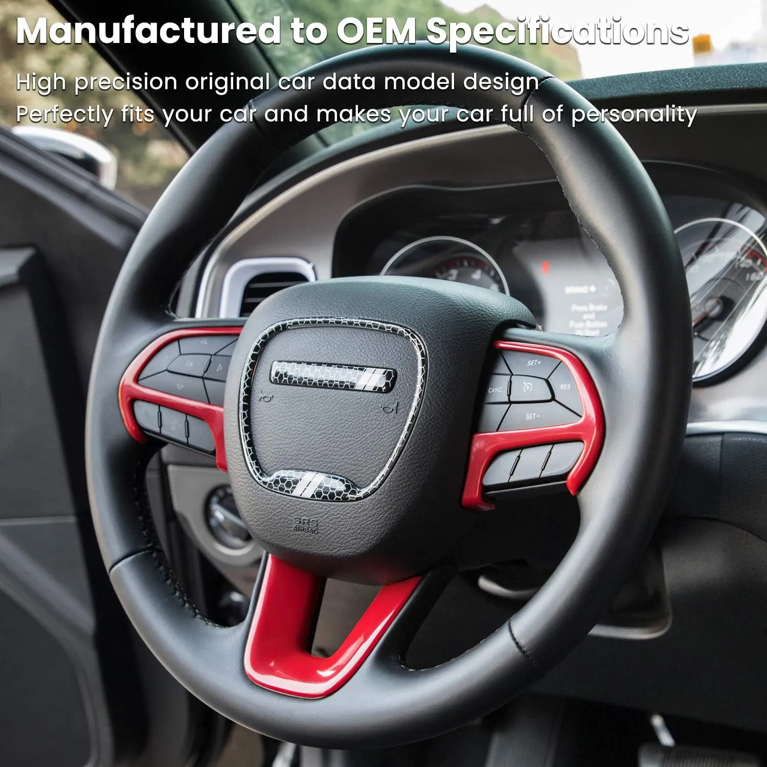 Steering Wheel Cover Trim Interior Accessories Decoration Kit for 2015-2024 Dodge Challenger Charger, for 2014-2024 Dodge Durango & Jeep Grand Cherokee SRT8 (Red 3PCS)