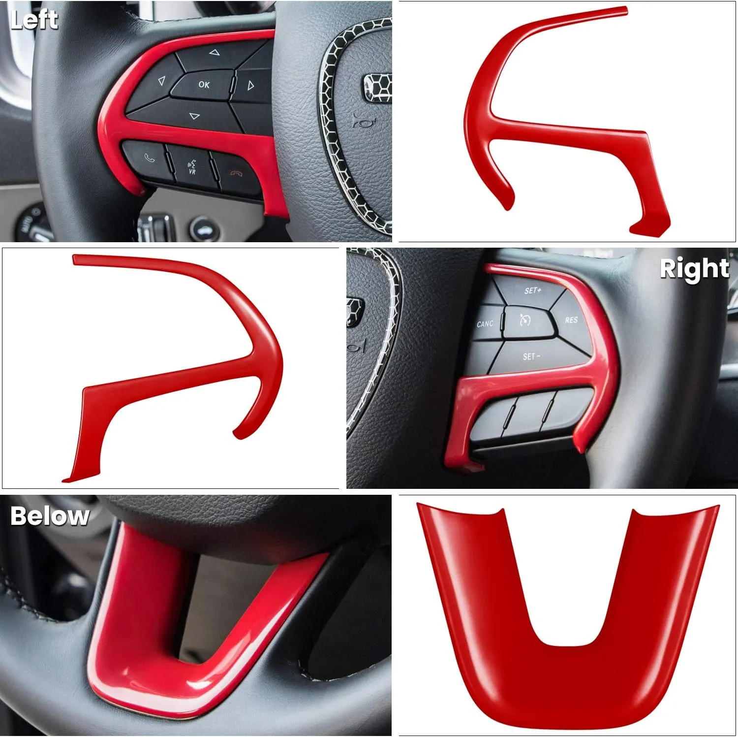Steering Wheel Cover Trim Interior Accessories Decoration Kit for 2015-2024 Dodge Challenger Charger, for 2014-2024 Dodge Durango & Jeep Grand Cherokee SRT8 (Red 3PCS)