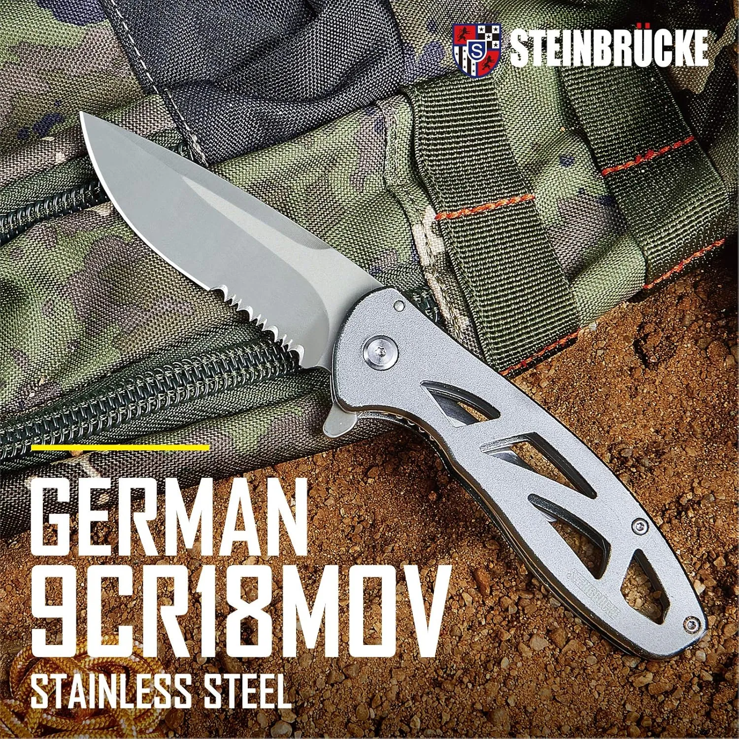 Steinbrucke Pocket knife with 3.1”- EDCFolding Knife 9Cr18Mov High Performance Stainless Steel Partially Serrated Blade with Reversible Clip,3.3Oz Titanium coated 60-61 HRC