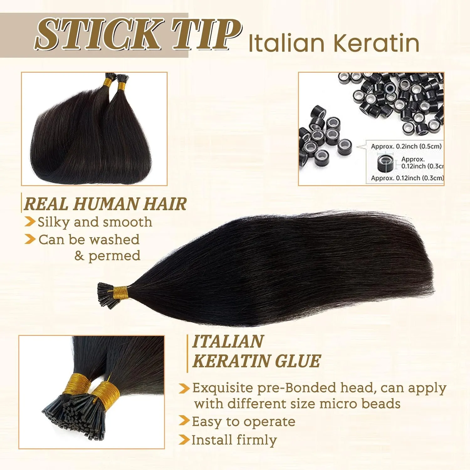 Straight I Tip Hair Extensions Real Human Hair for Black Women,#1B Natural Black Stick I Tip Human Hair Extensions 50Strands Keratin 100% I Tip Hair Extensions Cold Fusion Hair Extensions 1g/s 50 Gram
