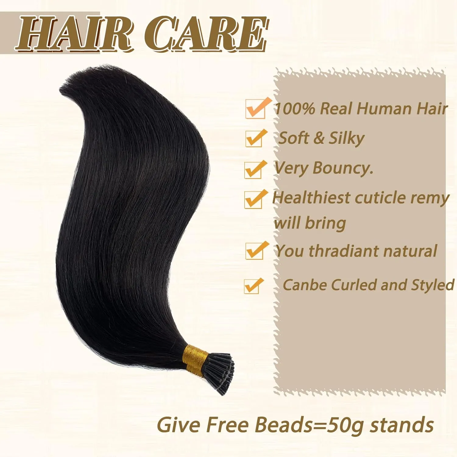 Straight I Tip Hair Extensions Real Human Hair for Black Women,#1B Natural Black Stick I Tip Human Hair Extensions 50Strands Keratin 100% I Tip Hair Extensions Cold Fusion Hair Extensions 1g/s 50 Gram