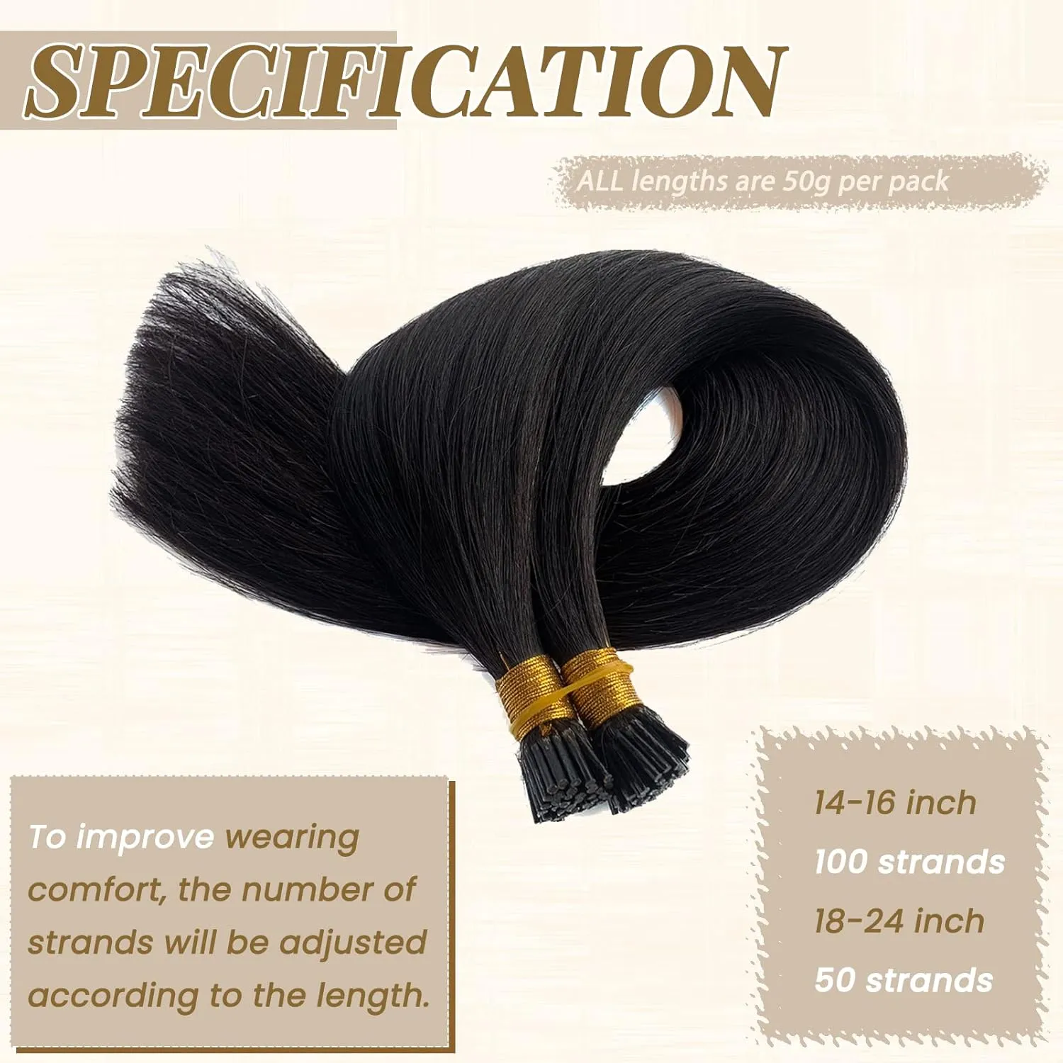 Straight I Tip Hair Extensions Real Human Hair for Black Women,#1B Natural Black Stick I Tip Human Hair Extensions 50Strands Keratin 100% I Tip Hair Extensions Cold Fusion Hair Extensions 1g/s 50 Gram