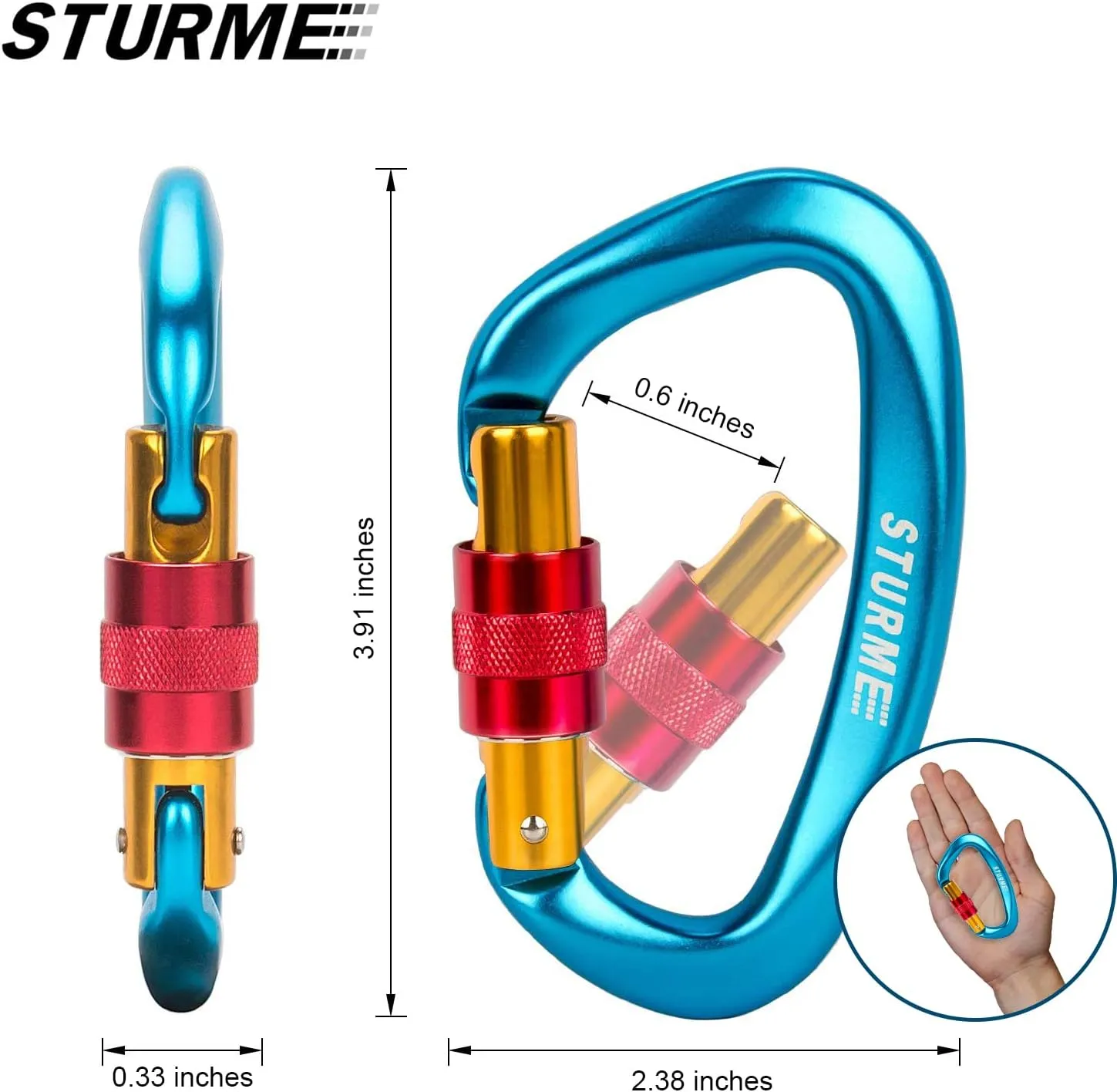 STURME UIAA Certified Climbing Carabiner Clips, 2 Pack 25KN(5623lbs) Screwgate Locking Carabiner Heavy Duty Caribeener Clips, Large Carabiner D Ring for Rock Climbing & Mountaineering