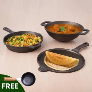 Super Smooth Cast Iron Set: Free ₹400 Tadka Pan  Kadai  Tawa  Frypan, Kitchen set for Home, Nonstick, 100% Pure,Toxin-free