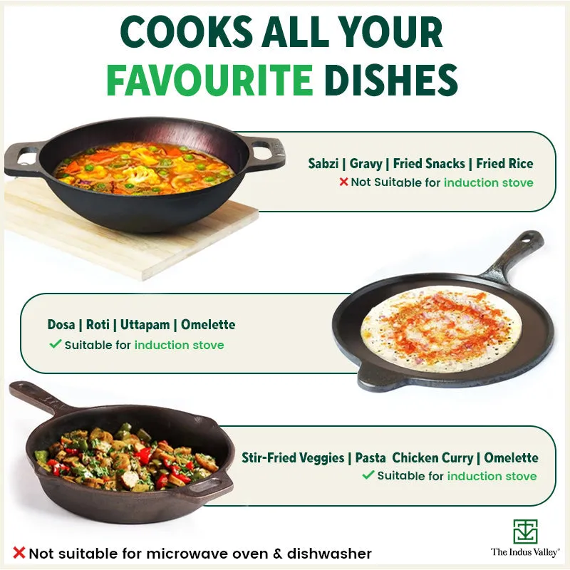 Super Smooth Cast Iron Set: Free ₹400 Tadka Pan  Kadai  Tawa  Frypan, Kitchen set for Home, Nonstick, 100% Pure,Toxin-free