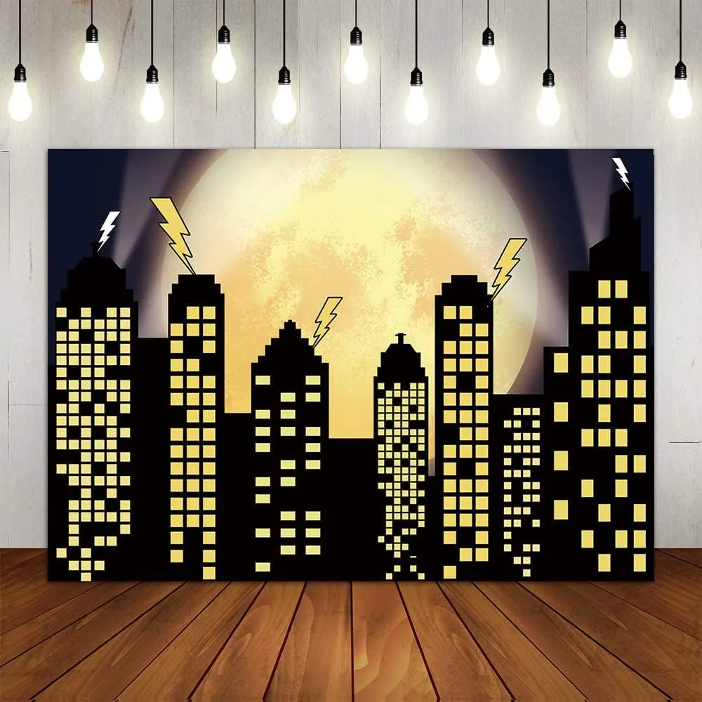 Superhero Super City Photography Backdrops Skyline Buildings City Boom Full Moon Bat Photo Background Children Birthday Party Banner Studio Booth Cake Table Decor 8x6ft Vinyl