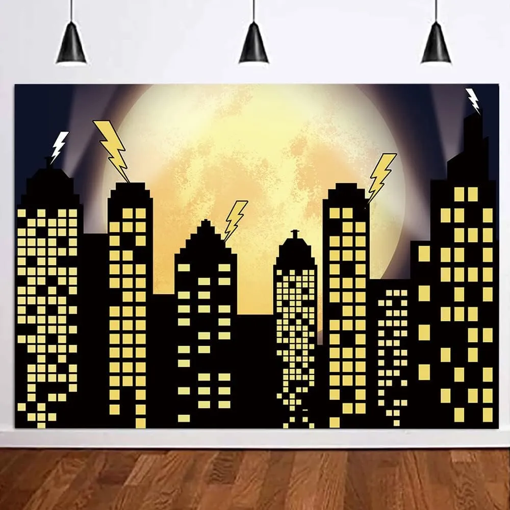 Superhero Super City Photography Backdrops Skyline Buildings City Boom Full Moon Bat Photo Background Children Birthday Party Banner Studio Booth Cake Table Decor 8x6ft Vinyl