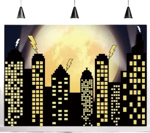 Superhero Super City Photography Backdrops Skyline Buildings City Boom Full Moon Bat Photo Background Children Birthday Party Banner Studio Booth Cake Table Decor 8x6ft Vinyl