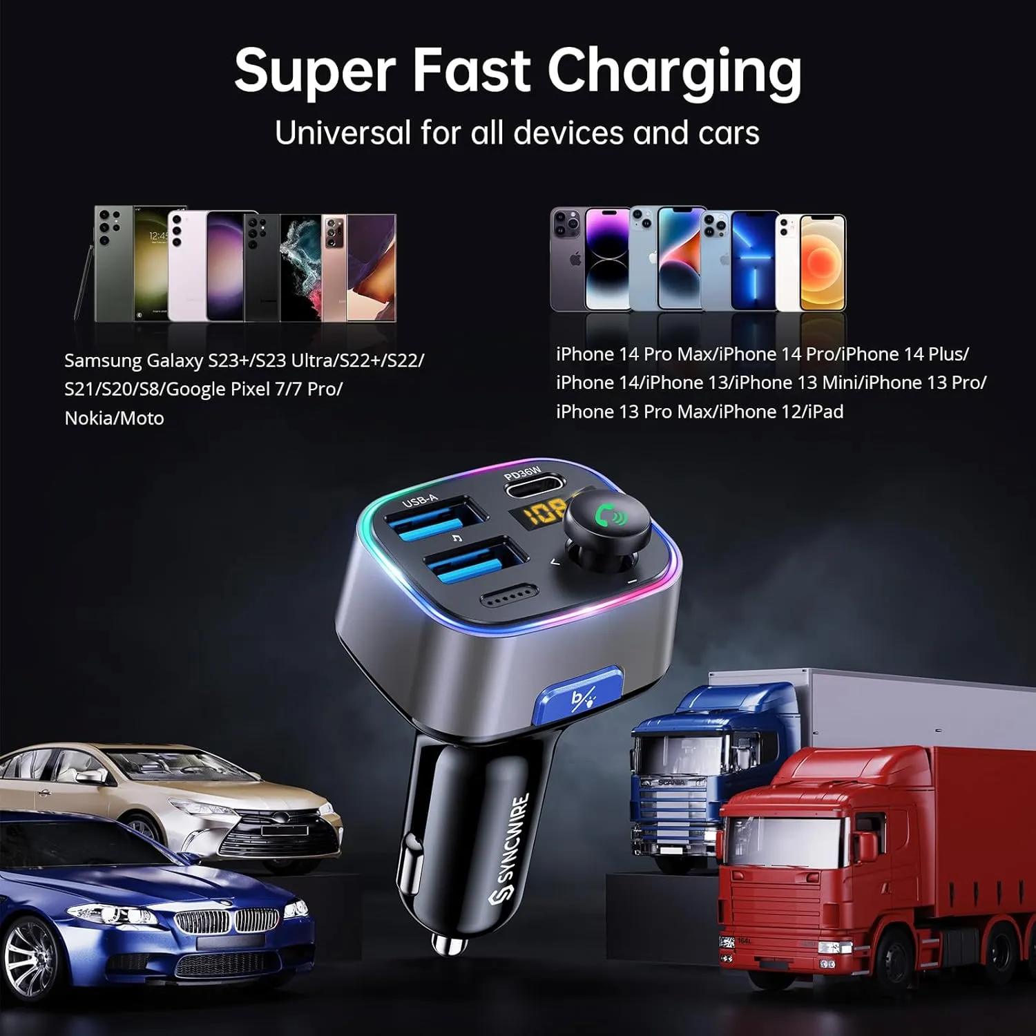 Syncwire Bluetooth 5.3 FM Transmitter Car Adapter 48W (PD 36W & 12W) [Light Switch] [Hi-Fi Deep Bass] [Fast Charge] Wireless Radio Music Adapter LED Display Hands-Free Calling Support USB Drive