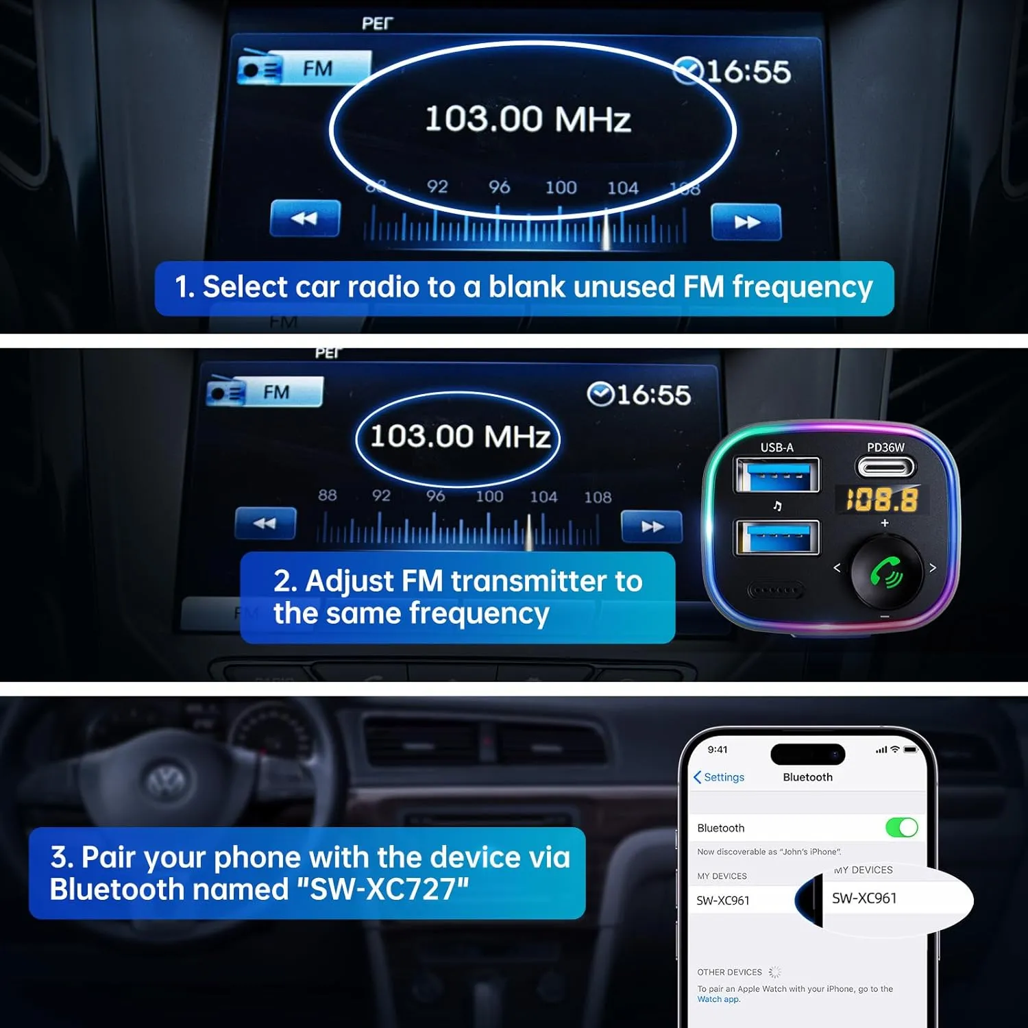 Syncwire Bluetooth 5.3 FM Transmitter Car Adapter 48W (PD 36W & 12W) [Light Switch] [Hi-Fi Deep Bass] [Fast Charge] Wireless Radio Music Adapter LED Display Hands-Free Calling Support USB Drive