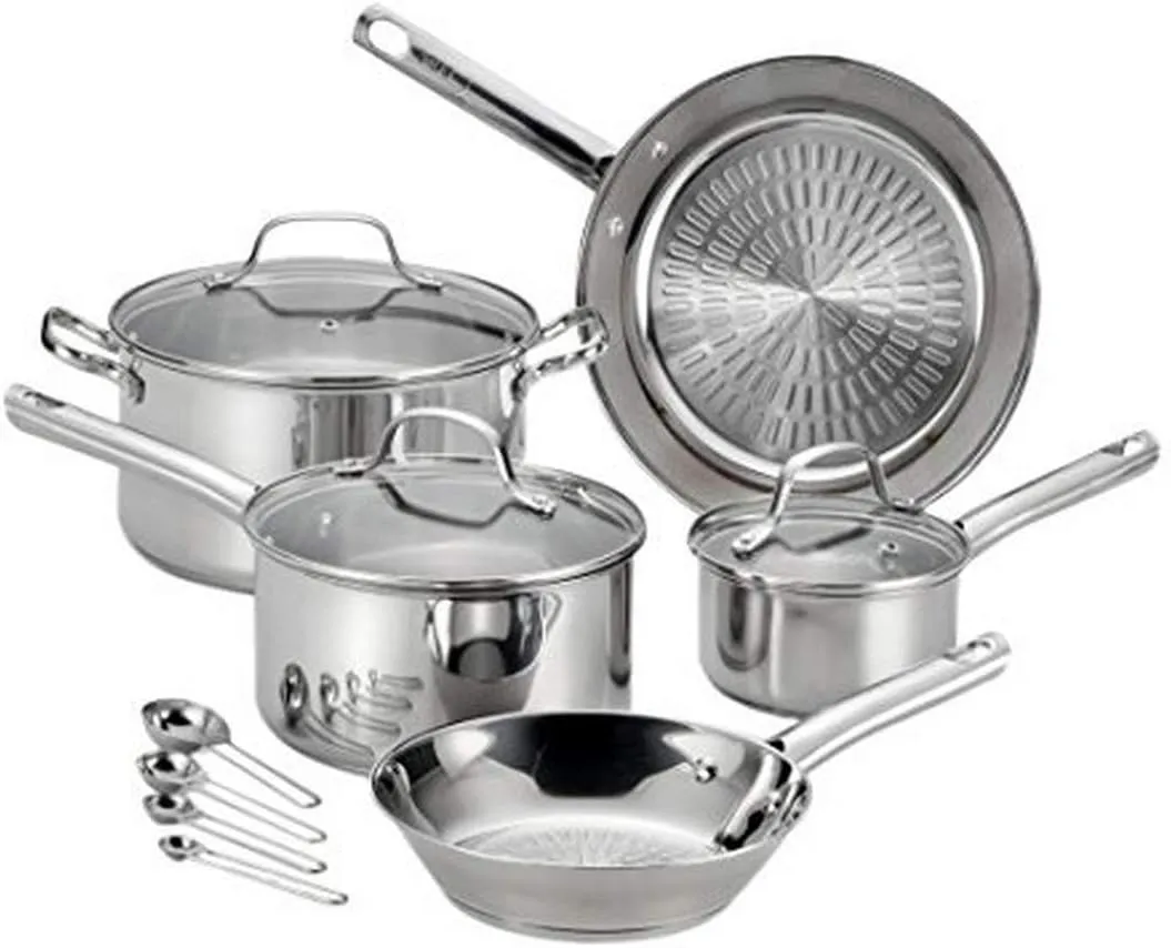T-fal Performa Stainless Steel Cookware Set 12 Piece Induction Oven Broiler Safe 500F Pots and Pans, Dishwasher Safe Silver