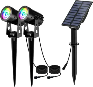 T-SUN Color Changing Solar Spotlights, LED Solar Powered Landscape Lights Outdoor Waterproof Solar Security Wall Lights Auto ON/Off Dual Head Light for Garden Yard Patio(RGB), 2-IN-1