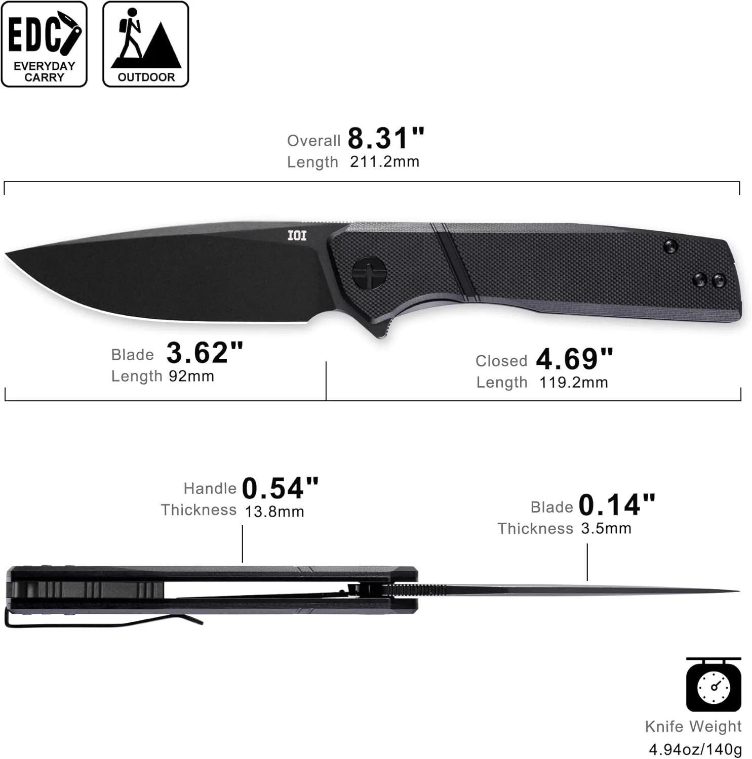 Task Force I51784 Tactical Pocket Knife for Men – 14C28N Black Titanium PVD Folding Blade, Black G10 Handle, EDC Folding Knife with Clip, Enhanced Custom LeftSide Clip for Everyday Carry & Camping