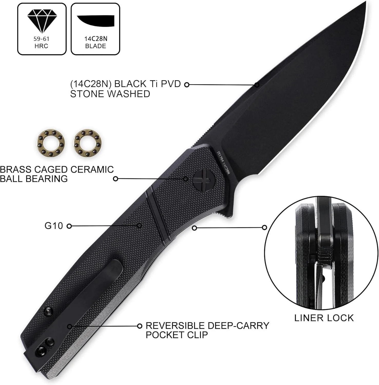 Task Force I51784 Tactical Pocket Knife for Men – 14C28N Black Titanium PVD Folding Blade, Black G10 Handle, EDC Folding Knife with Clip, Enhanced Custom LeftSide Clip for Everyday Carry & Camping