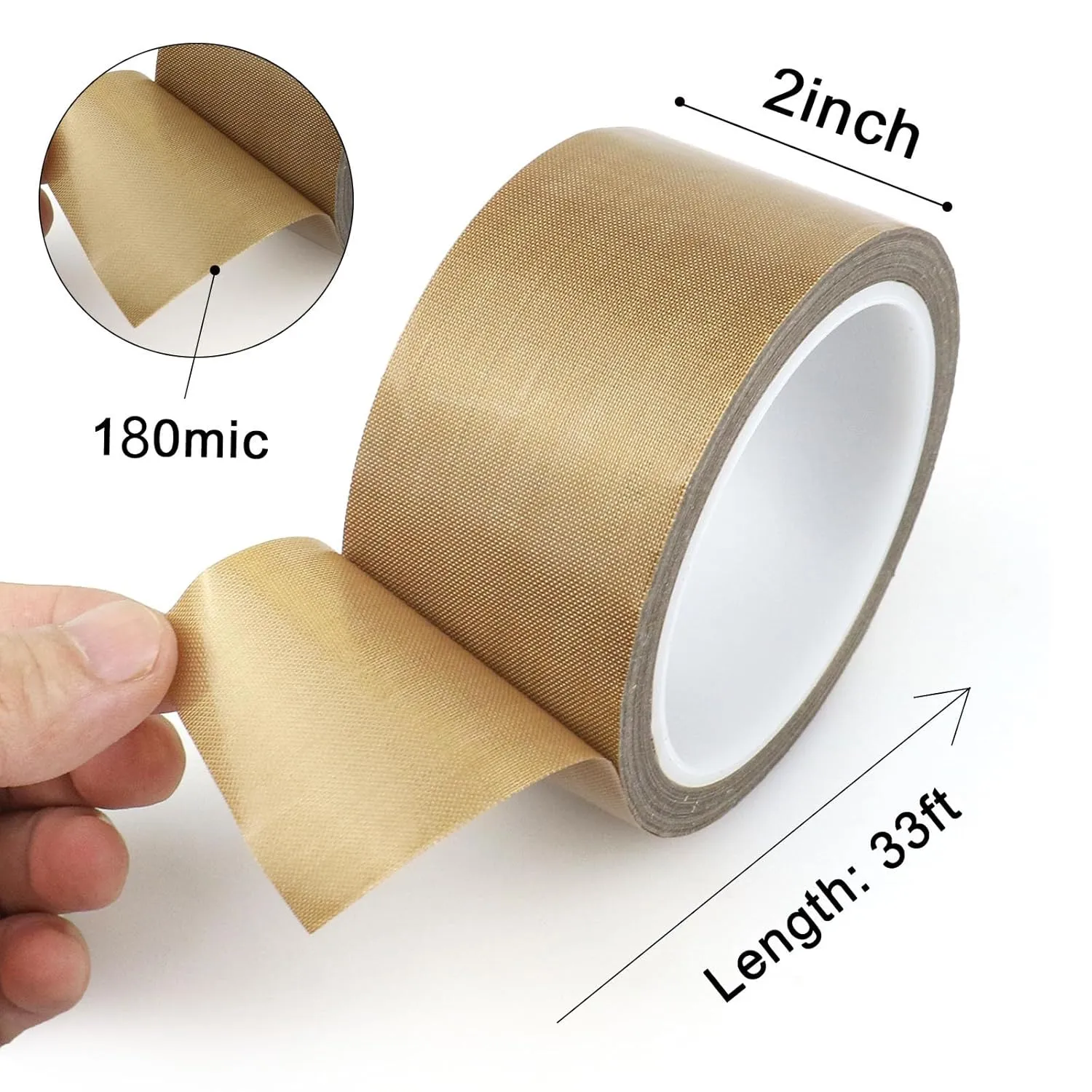 Teflon Glass Cloth Tape, (2-inch x 33 Feet x 0.18mm) High Temperature PTFE Coated Fiberglass Adhesive Tape for Vacuum Sealer Machine, Hand Impulse Sealers Insulation (2inches x 33feet)