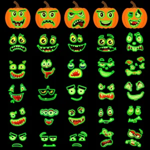 Tenare 30 Pcs Halloween Luminous Pumpkin Decorating Stickers Static Electricity Leaves No Trace Glow Pumpkin Stickers Classic Funny Expressions Crafts for Treat Party Supplies Goodie Bag Filler