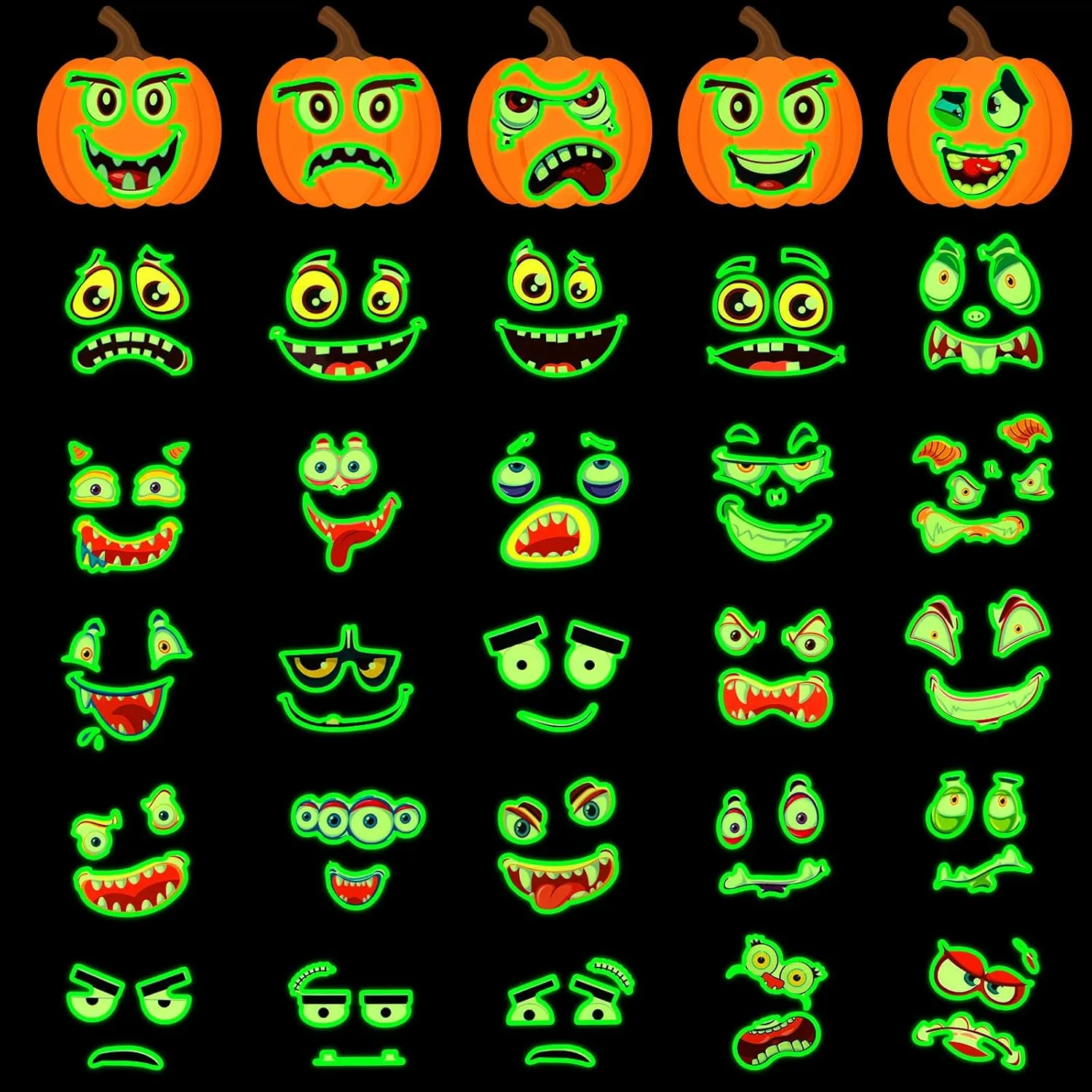 Tenare 30 Pcs Halloween Luminous Pumpkin Decorating Stickers Static Electricity Leaves No Trace Glow Pumpkin Stickers Classic Funny Expressions Crafts for Treat Party Supplies Goodie Bag Filler