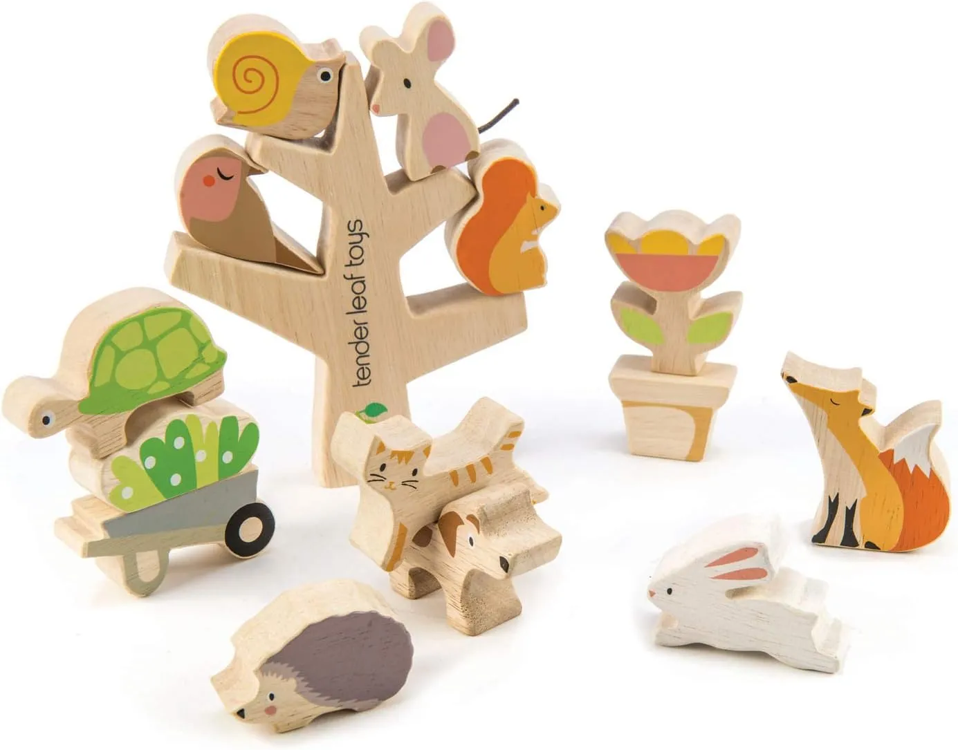 Tender Leaf Toys - Stacking Garden Friends - 14 Pcs Wooden Stacking & Balancing Toy & Educational Game with Free Travel Bag - Early Learning Develops Strategic Thinking & Fine Motor Skills - Age 18m 