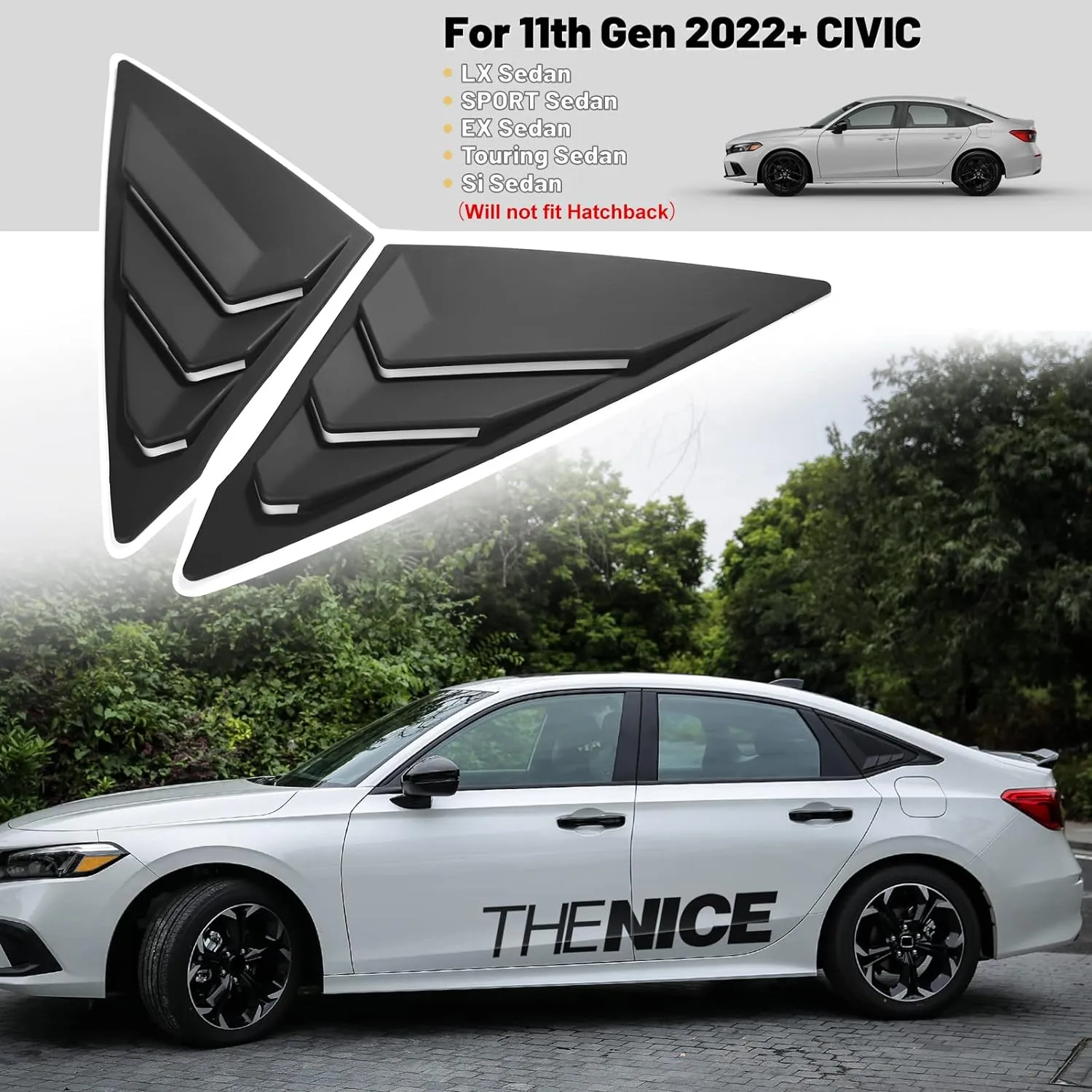 Thenice for 11th Gen Civic Rear Side Window Louvers Racing Style Triangular Window Glass Blinds Compatible with Honda Civic Sedan 2022 2023 2024 2025 -Matt Black