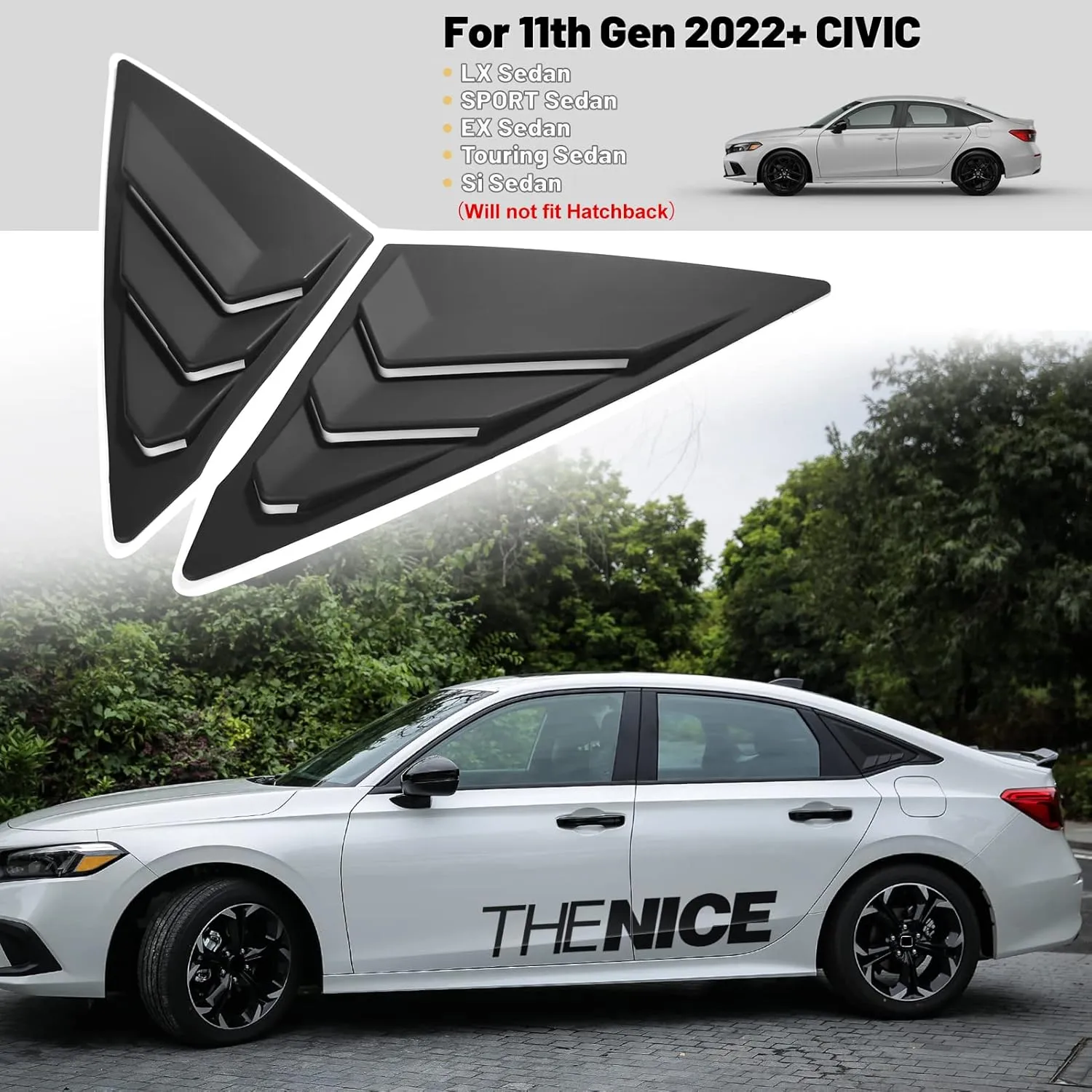Thenice for 11th Gen Civic Rear Side Window Louvers Racing Style Triangular Window Glass Blinds Compatible with Honda Civic Sedan 2022 2023 2024 2025 -Matt Black