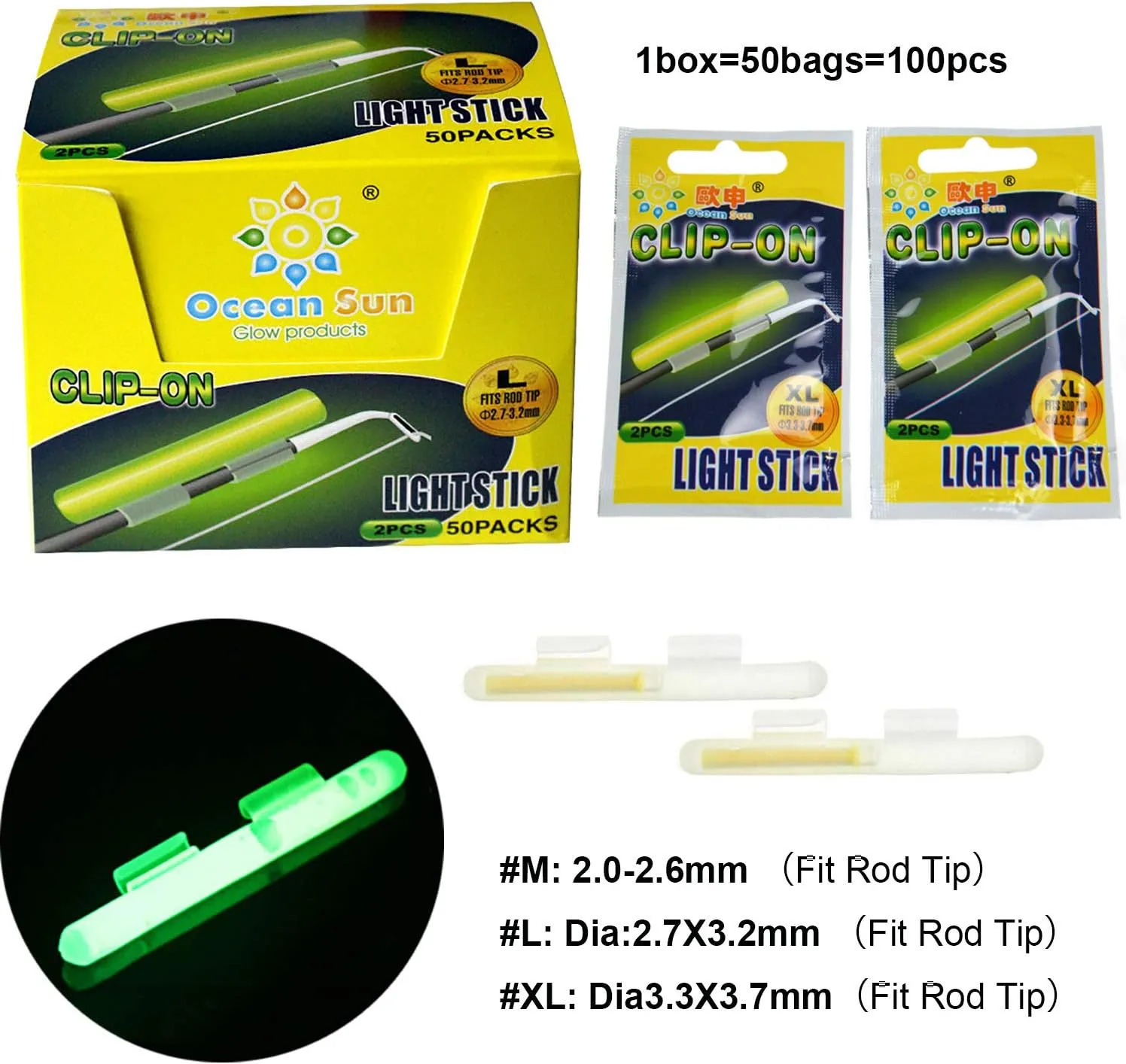 THKFISH Fishing Glow Sticks Rod Tip Glow Sticks Fishing Rod Floats Glow Stick Fishing Rod Night Fishing Light Fishing Green Fluorescent Light 100pcs(50bags) #M #L #XL