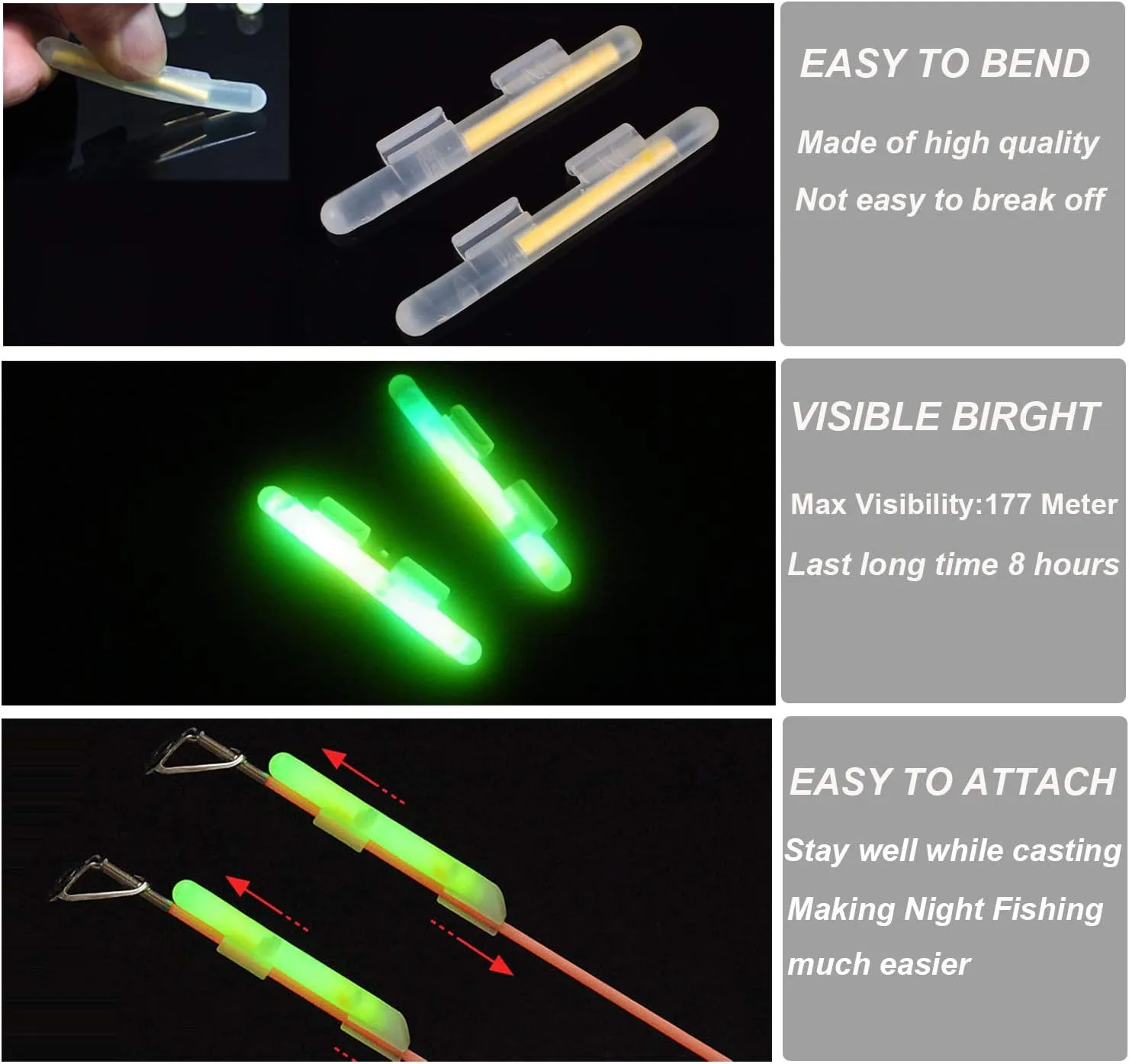 THKFISH Fishing Glow Sticks Rod Tip Glow Sticks Fishing Rod Floats Glow Stick Fishing Rod Night Fishing Light Fishing Green Fluorescent Light 100pcs(50bags) #M #L #XL