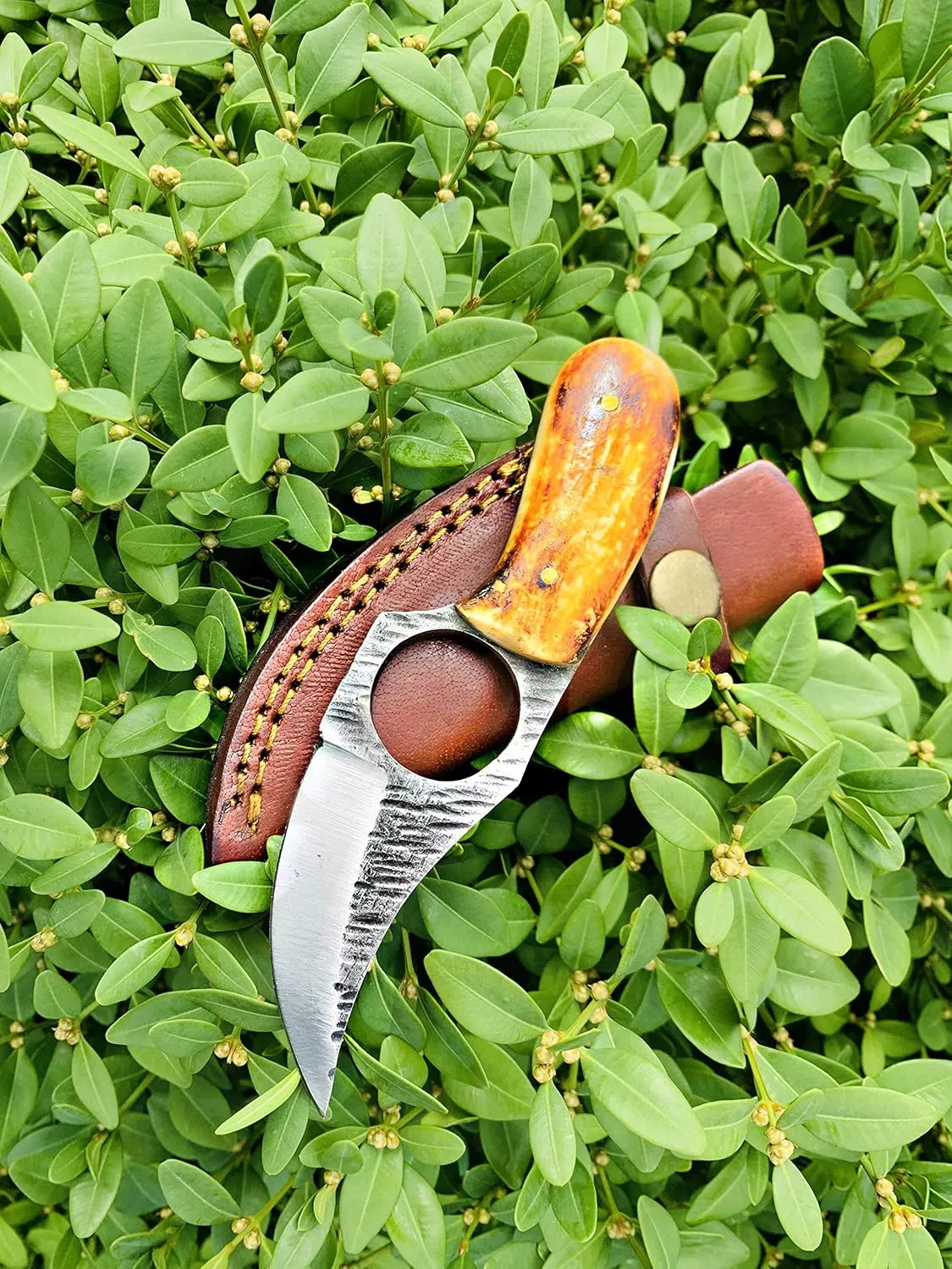 Titan International Knives Skinning Knife Carbon 1080 Steel | Small Handmade Hunting Fixed Blade | Burnt Bone Handle Knife with Leather Sheath | 3 Inch Blade Outdoors Camping Gear