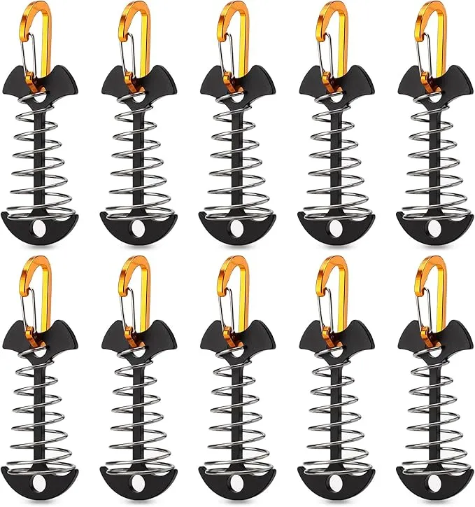 TOBWOLF 10PCS Black Fishbone Deck Anchor Pegs with Carabiners, Aluminium Deck Tie Down Tent Stakes, Windproof Tent Rope Tighteners with Spring Buckle, Outdoor Camping Hiking Cord Adjuster Tensioners