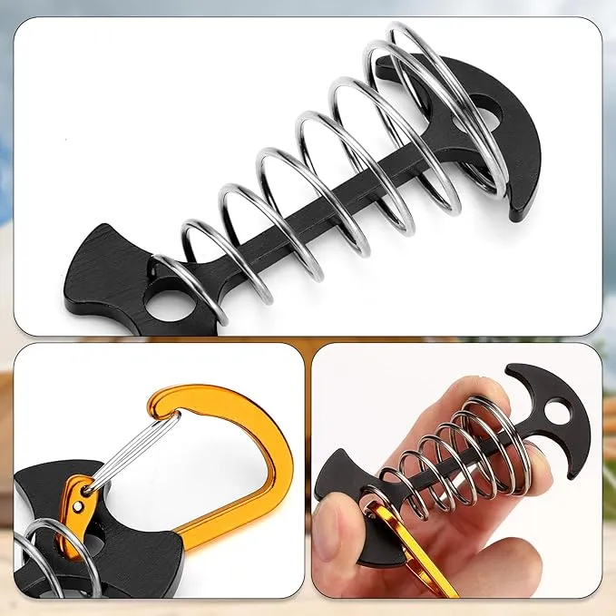 TOBWOLF 10PCS Black Fishbone Deck Anchor Pegs with Carabiners, Aluminium Deck Tie Down Tent Stakes, Windproof Tent Rope Tighteners with Spring Buckle, Outdoor Camping Hiking Cord Adjuster Tensioners