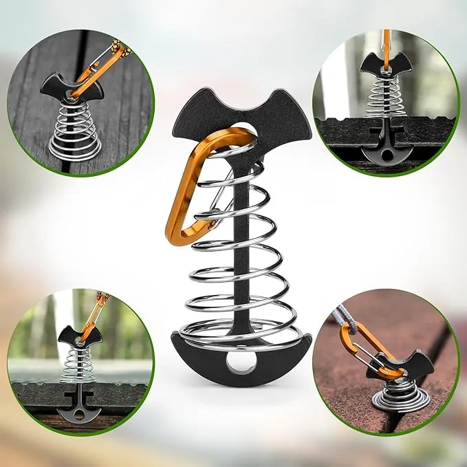TOBWOLF 10PCS Black Fishbone Deck Anchor Pegs with Carabiners, Aluminium Deck Tie Down Tent Stakes, Windproof Tent Rope Tighteners with Spring Buckle, Outdoor Camping Hiking Cord Adjuster Tensioners