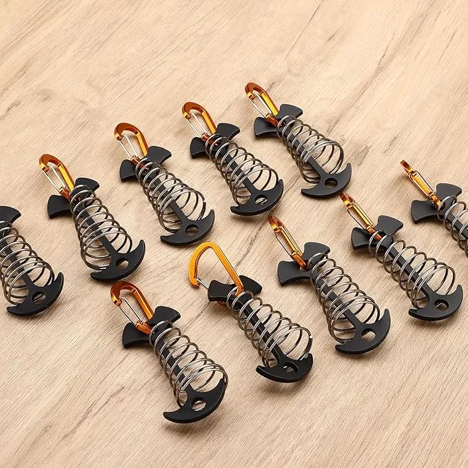 TOBWOLF 10PCS Black Fishbone Deck Anchor Pegs with Carabiners, Aluminium Deck Tie Down Tent Stakes, Windproof Tent Rope Tighteners with Spring Buckle, Outdoor Camping Hiking Cord Adjuster Tensioners