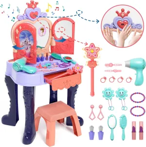 Toddler Vanity Makeup Table with Mirror and Chair, Open Doors by Gestures, Kids Vanity Set with Music Sound & Light Magic and Accessories, Girls Vanity for Toddlers 3-5 Years Old