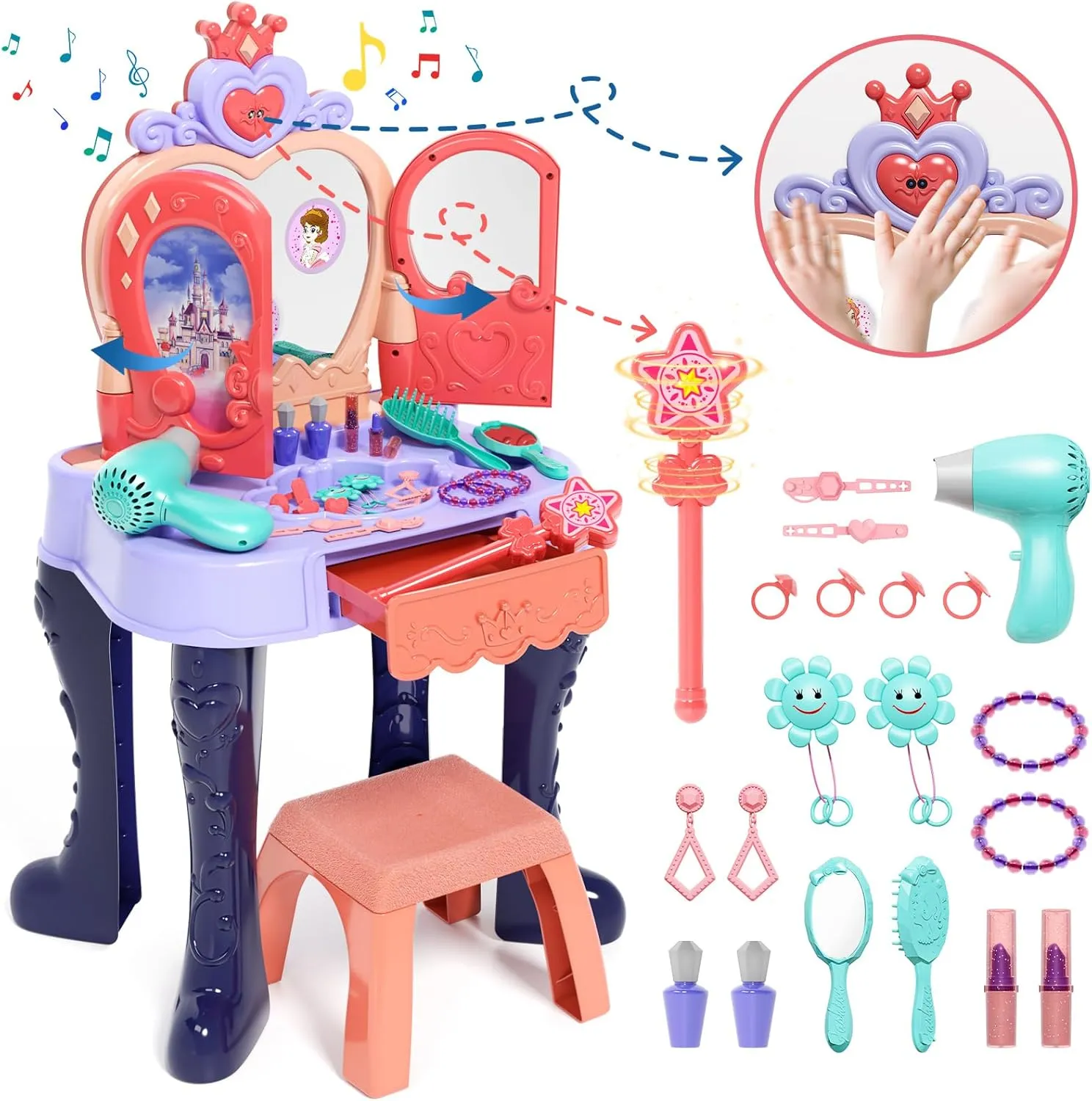 Toddler Vanity Makeup Table with Mirror and Chair, Open Doors by Gestures, Kids Vanity Set with Music Sound & Light Magic and Accessories, Girls Vanity for Toddlers 3-5 Years Old