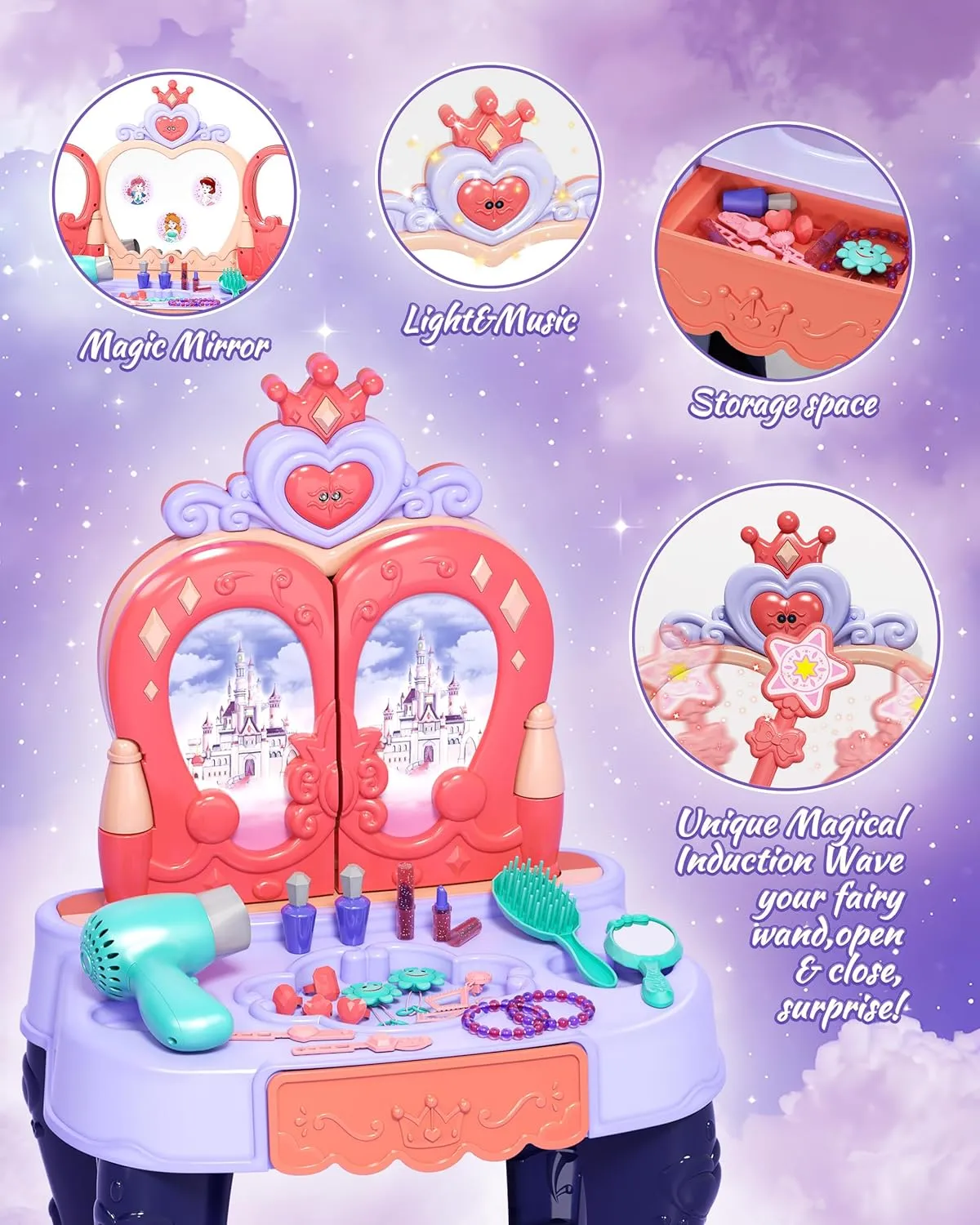 Toddler Vanity Makeup Table with Mirror and Chair, Open Doors by Gestures, Kids Vanity Set with Music Sound & Light Magic and Accessories, Girls Vanity for Toddlers 3-5 Years Old