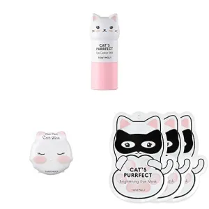 TONYMOLY Cat’s Eyes & Base Glow Set - Eye Contour Stick, Illuminates Tired Puffy Skin, 9 g   Cats Wink Clear Pact, 03 Translucent   Eye Mask, Softens and Hydrates with Milk Protein, 3 ct