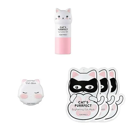 TONYMOLY Cat’s Eyes & Base Glow Set - Eye Contour Stick, Illuminates Tired Puffy Skin, 9 g   Cats Wink Clear Pact, 03 Translucent   Eye Mask, Softens and Hydrates with Milk Protein, 3 ct