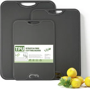 TPU Cutting Board for Kitchen, Safe Chopping Boards Set of 3, Non Slip Flexible Cutting Boards with Juice Groove, Knife Mark Resistant Chopping Mat, 2 Sided Cutting Mats, BPA Free, Dishwasher Safe