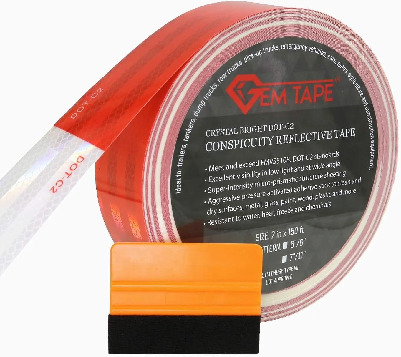 Trailer Reflector Red/White Day-Bright DOT-C2 Conspicuity Reflective Tape Trailer Safety Reflector (2"x150' with 7"/11" White/Red Pattern)
