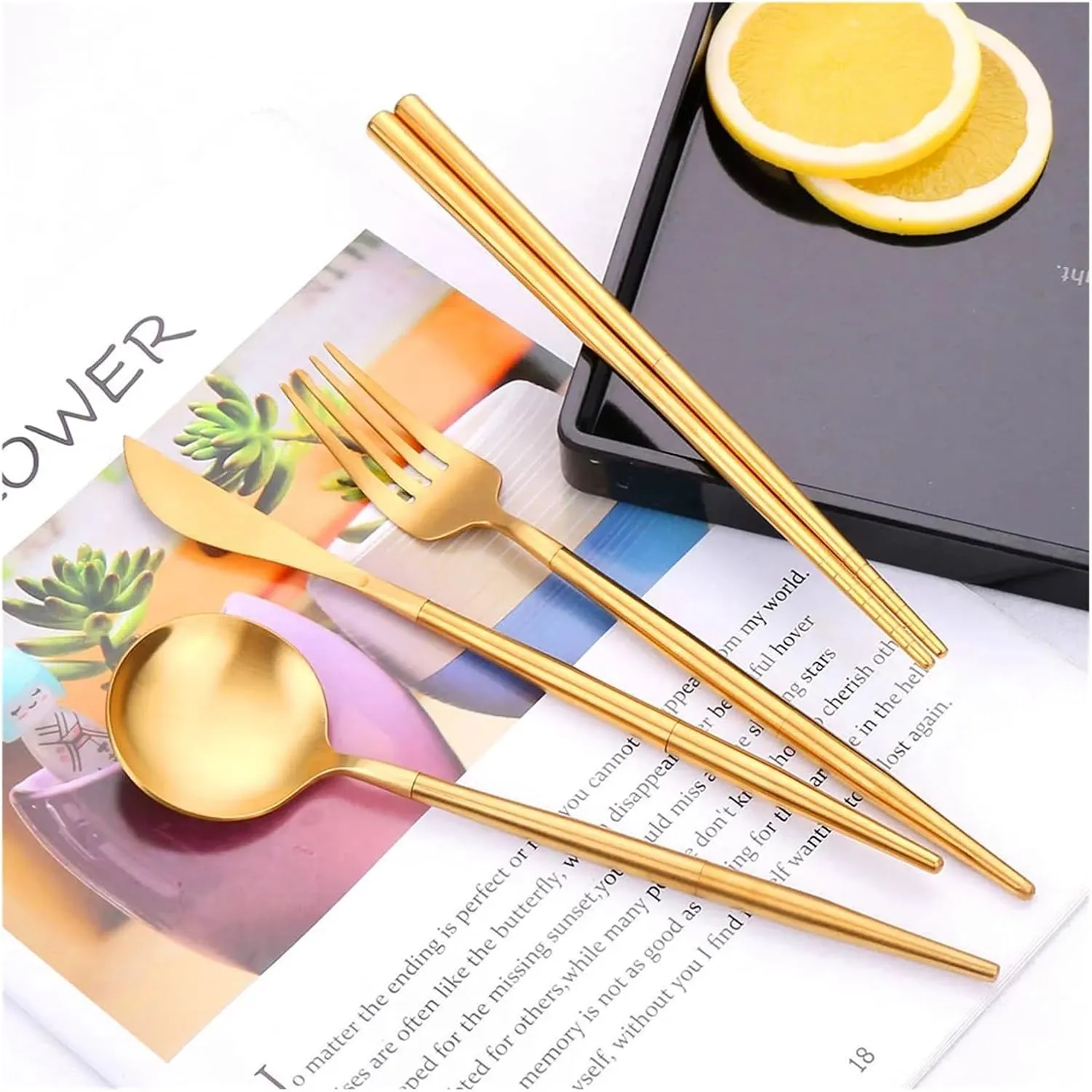 travel utensils 4pcs Portable Cutlery Set Stainless Steel Camping Tableware Chopstick Fork Knife Spoon Folding Set Dinnerware(4pcs Pink Gold)