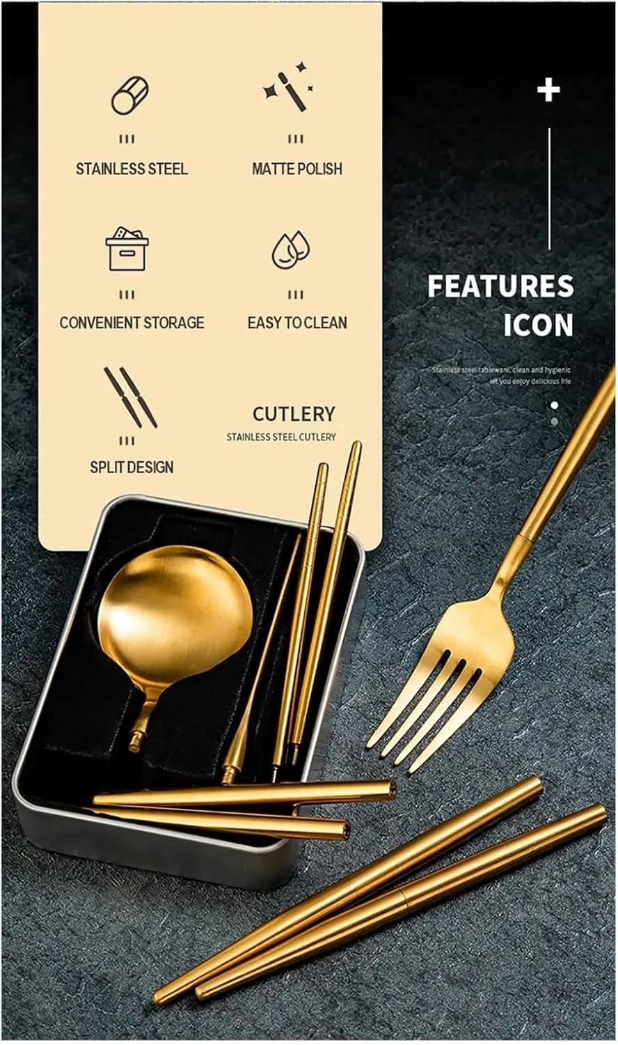 travel utensils 4pcs Portable Cutlery Set Stainless Steel Camping Tableware Chopstick Fork Knife Spoon Folding Set Dinnerware(4pcs Pink Gold)