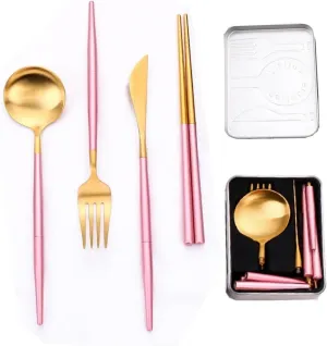 travel utensils 4pcs Portable Cutlery Set Stainless Steel Camping Tableware Chopstick Fork Knife Spoon Folding Set Dinnerware(4pcs Pink Gold)