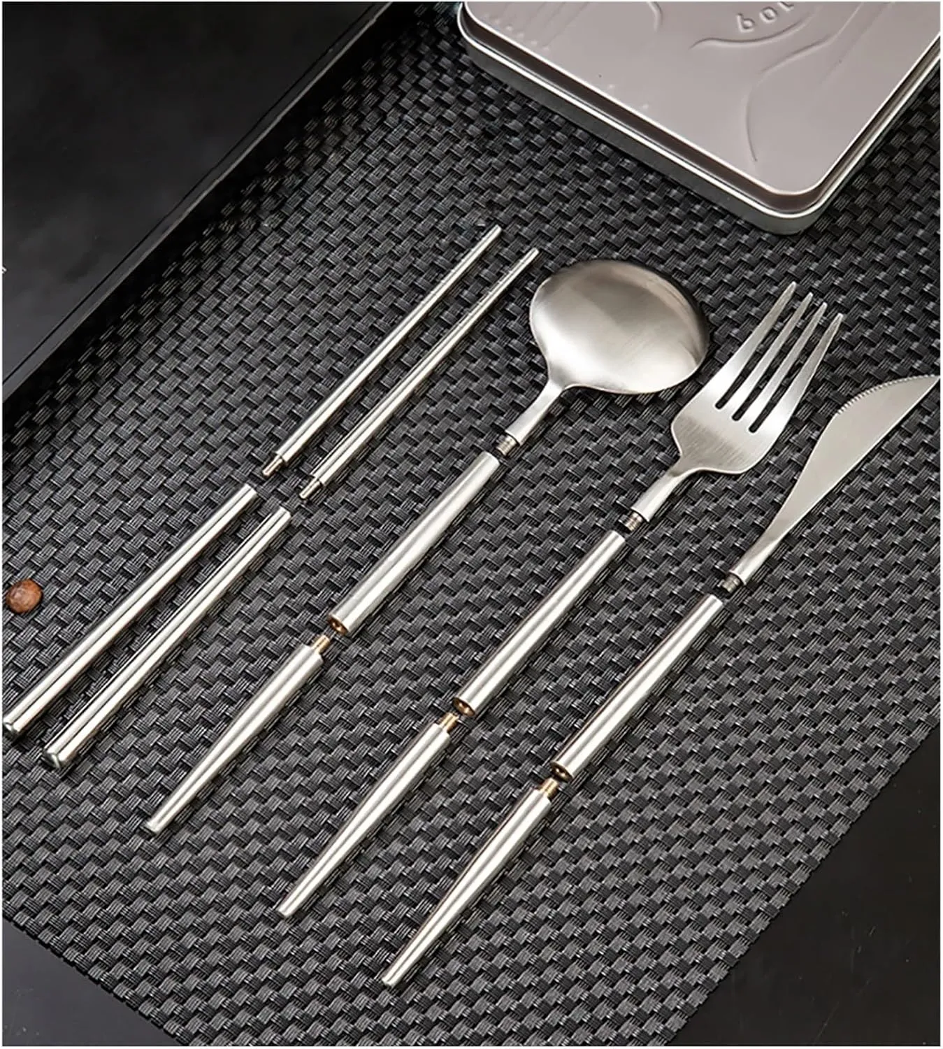 travel utensils 4pcs Portable Cutlery Set Stainless Steel Camping Tableware Chopstick Fork Knife Spoon Folding Set Dinnerware(4pcs Pink Gold)