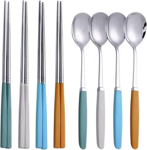 travel utensils Tableware Set Stainless Steel Cutlery Set Dinner Set Spoon Chopsticks Set Dinnerware 8Pcs Cutlery Sets(8Pcs 4Color 14)