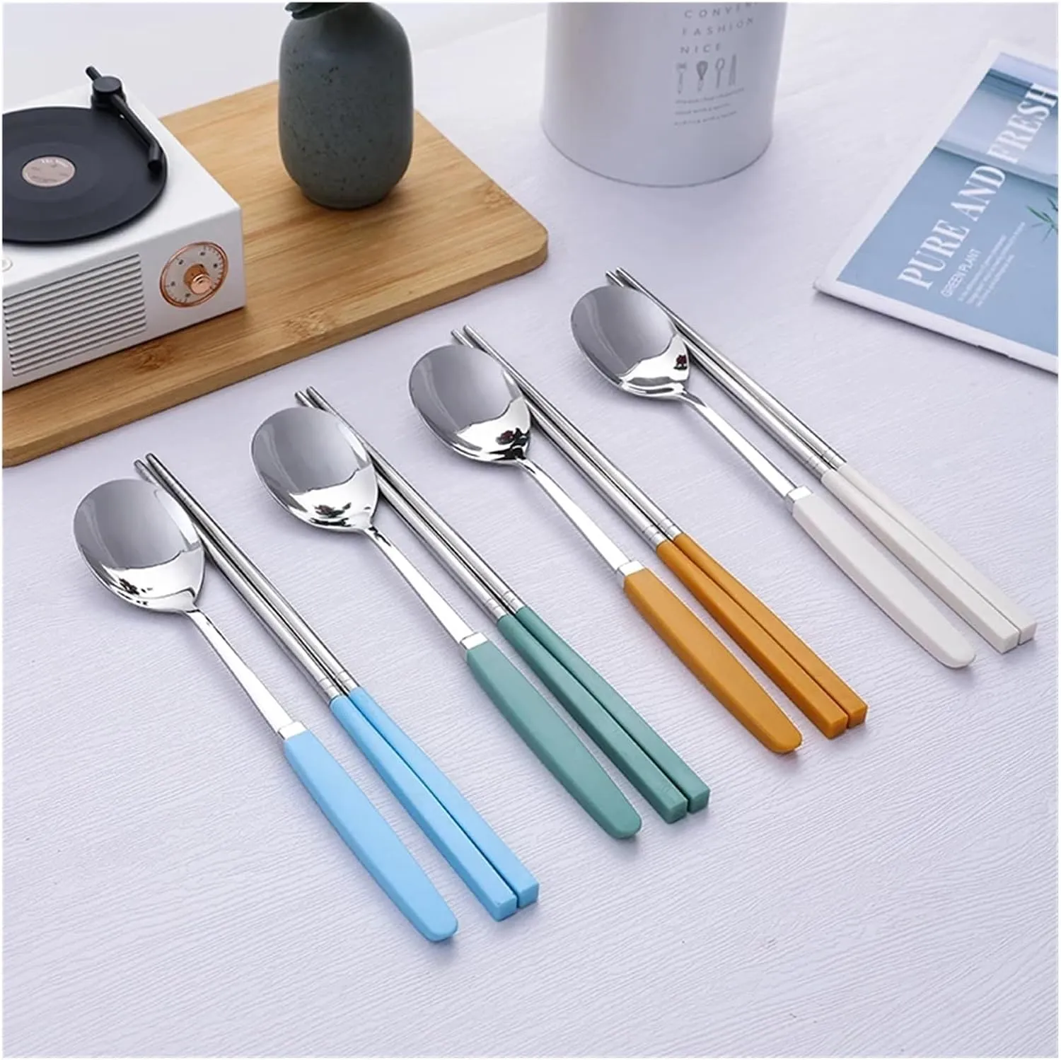 travel utensils Tableware Set Stainless Steel Cutlery Set Dinner Set Spoon Chopsticks Set Dinnerware 8Pcs Cutlery Sets(8Pcs 4Color 14)