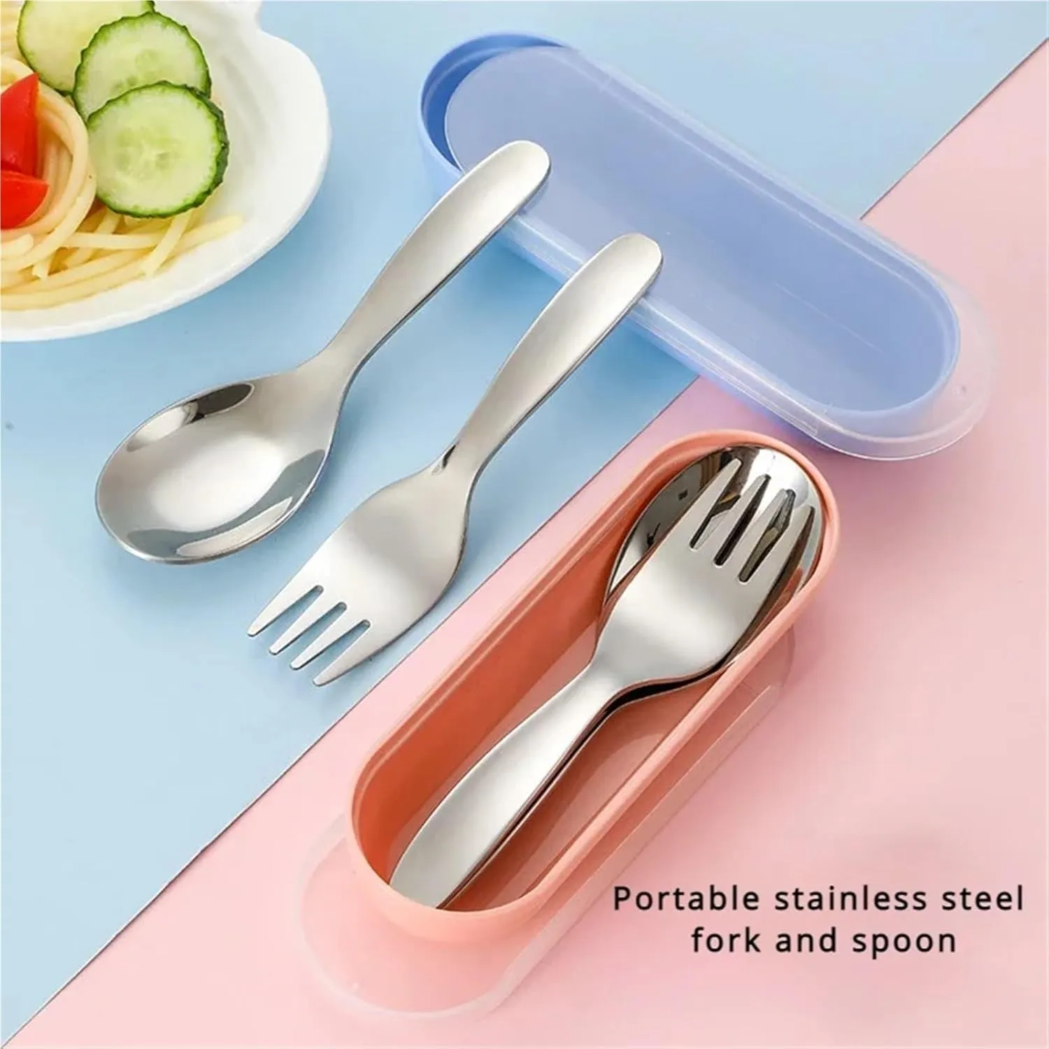 Travel Utensils with Case 2 PCS 1 Set Portable Spoon Fork Tableware Outdoor Camping Stainless Steel Cutlery Set for Hiking Outdoor Camp Cooking Supplies(Blue-1 Set)